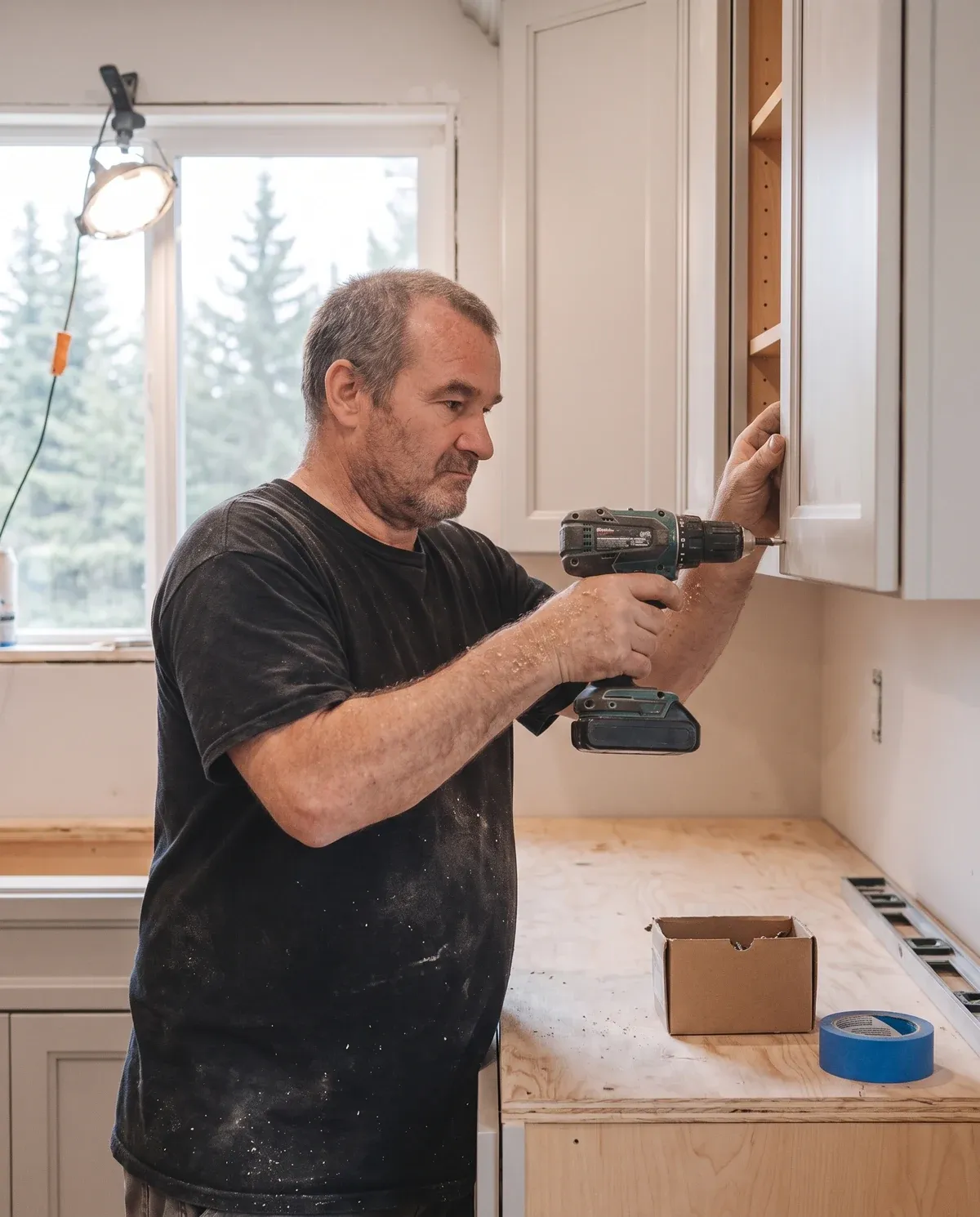 Kenneth Cox setting an upper cabinet with a cordless drill during a kitchen remodel