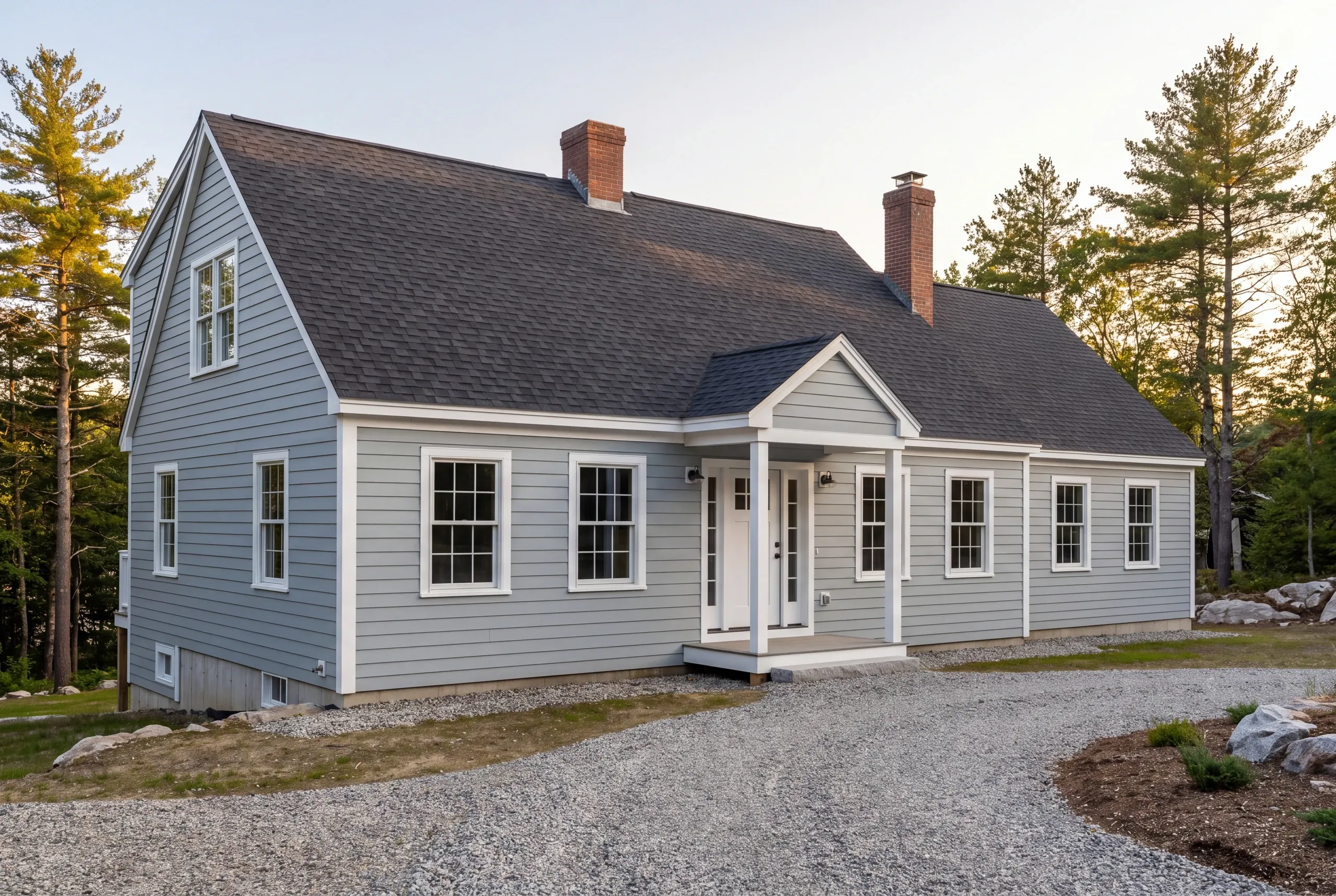 Kenneth Cox Construction accessibility statement: blue-gray lap-sided cape with two brick chimneys, a gabled porch and a gravel drive
