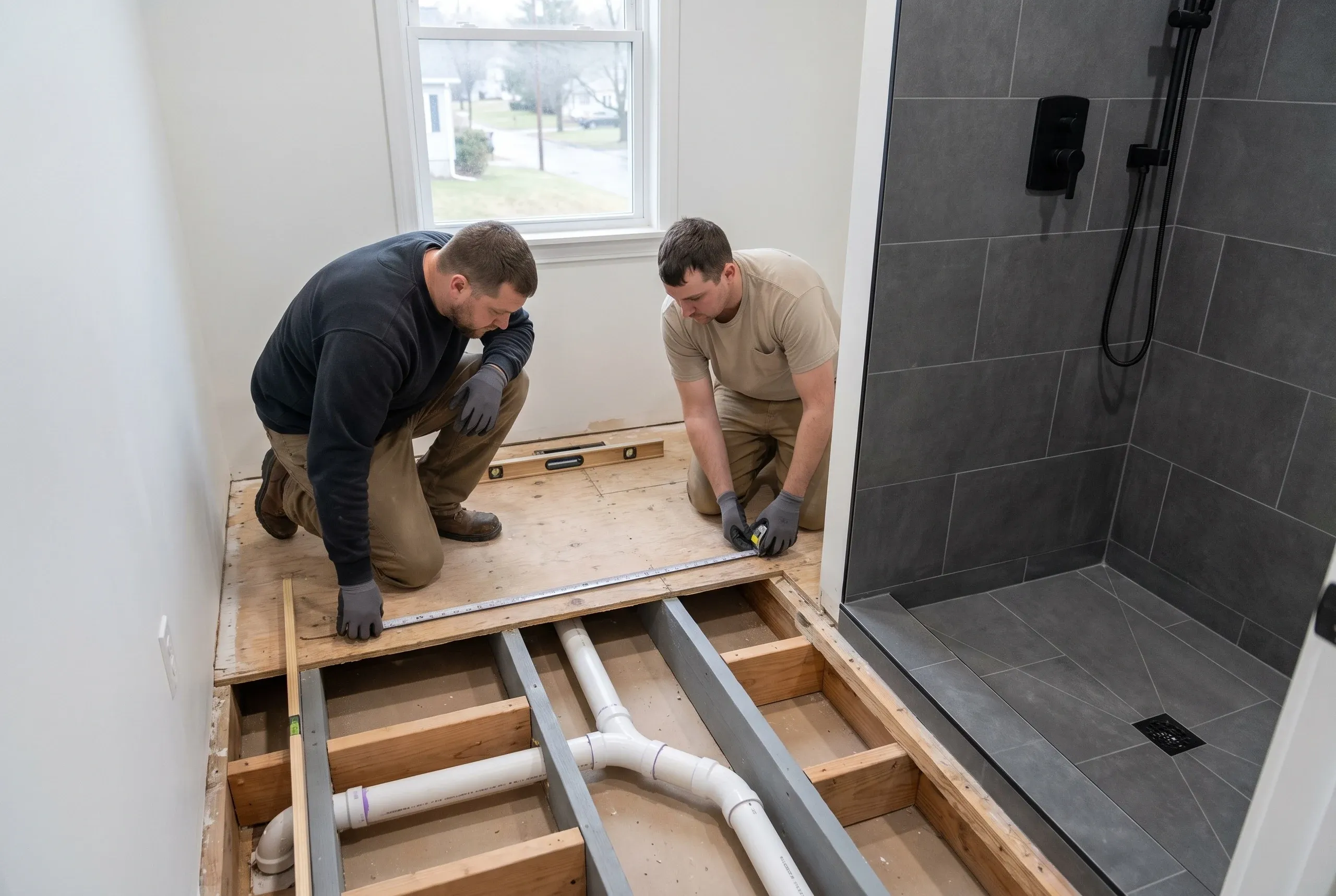 Bathroom remodeling contractor Augusta Maine: two workers measure new subfloor over open joists and a PVC drain beside a gray tile shower