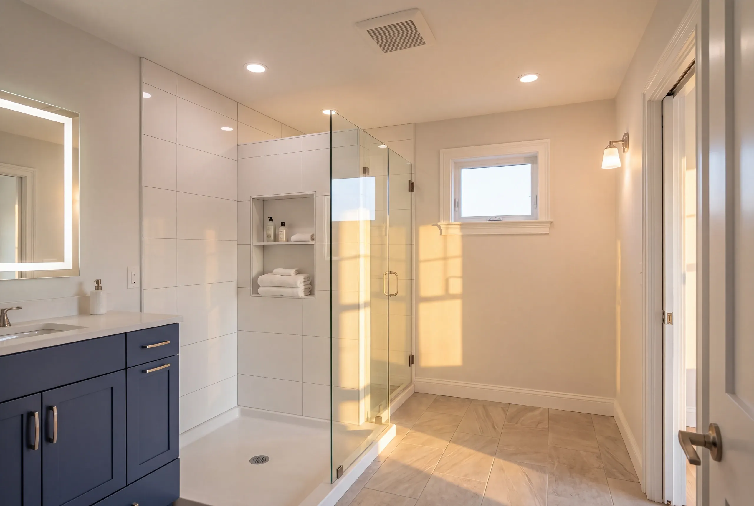 Bathroom renovation contractor Augusta Maine: sunlit bathroom with a navy vanity, lit mirror and a glass corner shower with towel shelves