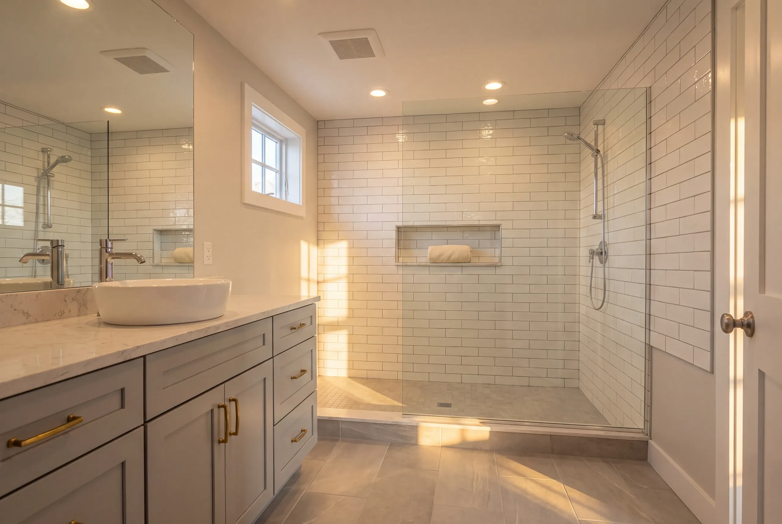 Bathroom renovation contractor Belfast Maine: warm-lit bathroom with a vessel sink on a gray vanity and a long niche in the subway tile shower