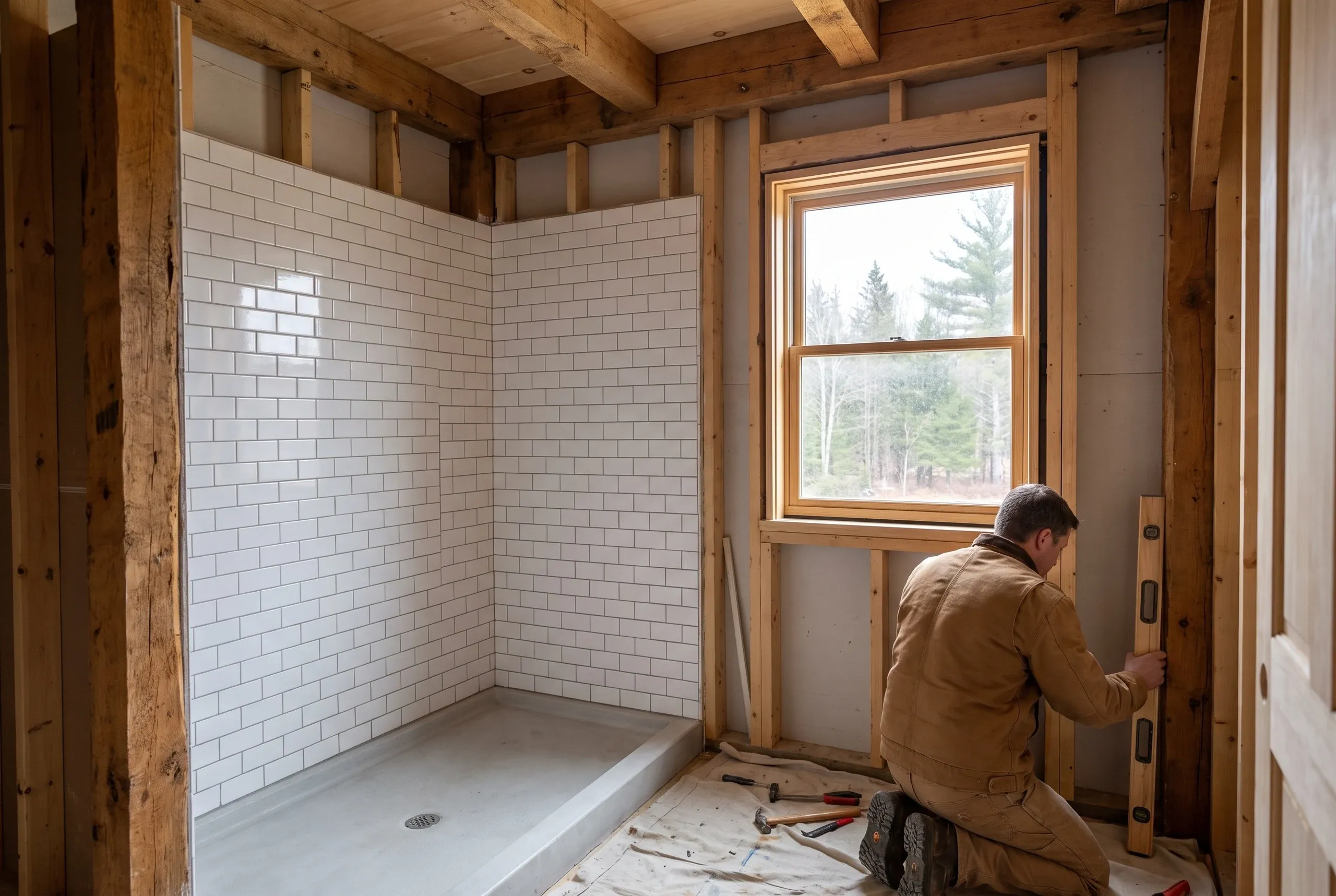 Bathroom remodeler Bucksport Maine: timber-framed bath with a white subway tile shower on a gray pan, a worker leveling framing by a window