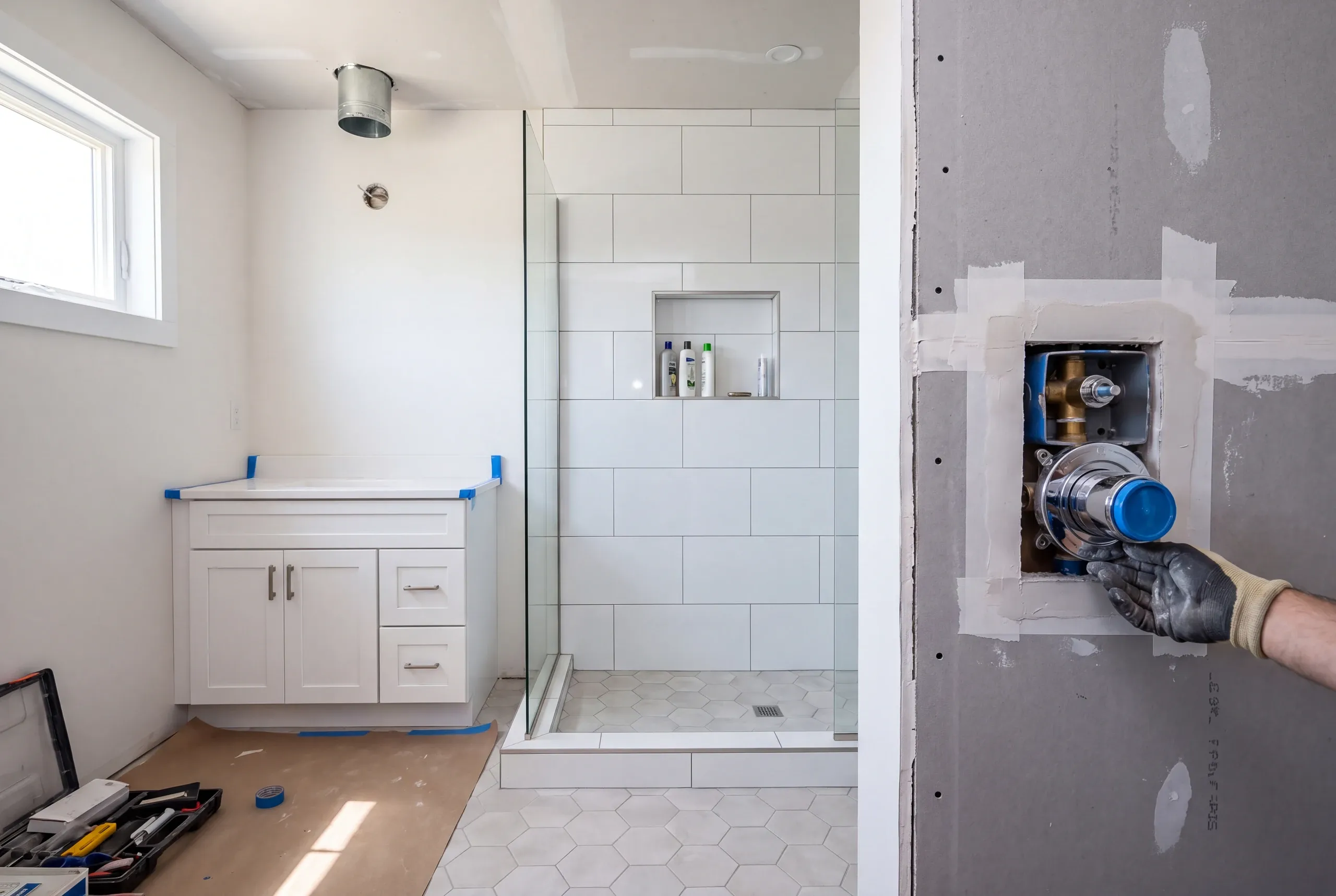 Bathroom remodeling contractor Bucksport Maine: gloved hand at a shower valve rough-in in taped wallboard beside a tiled walk-in shower