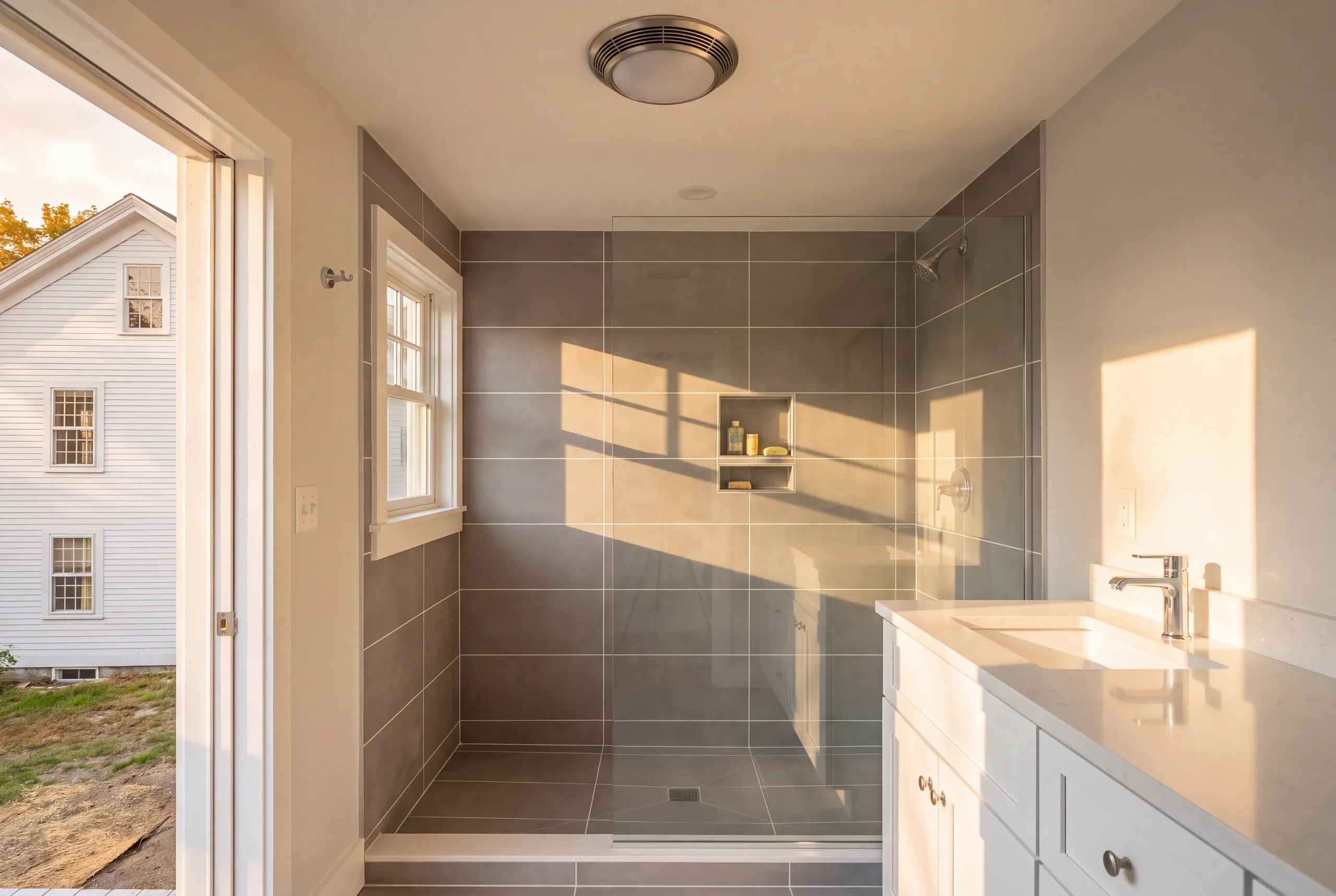 Bathroom remodeling in Camden, ME: gray large tile walk-in shower and white vanity with a doorway open to the yard and a white house
