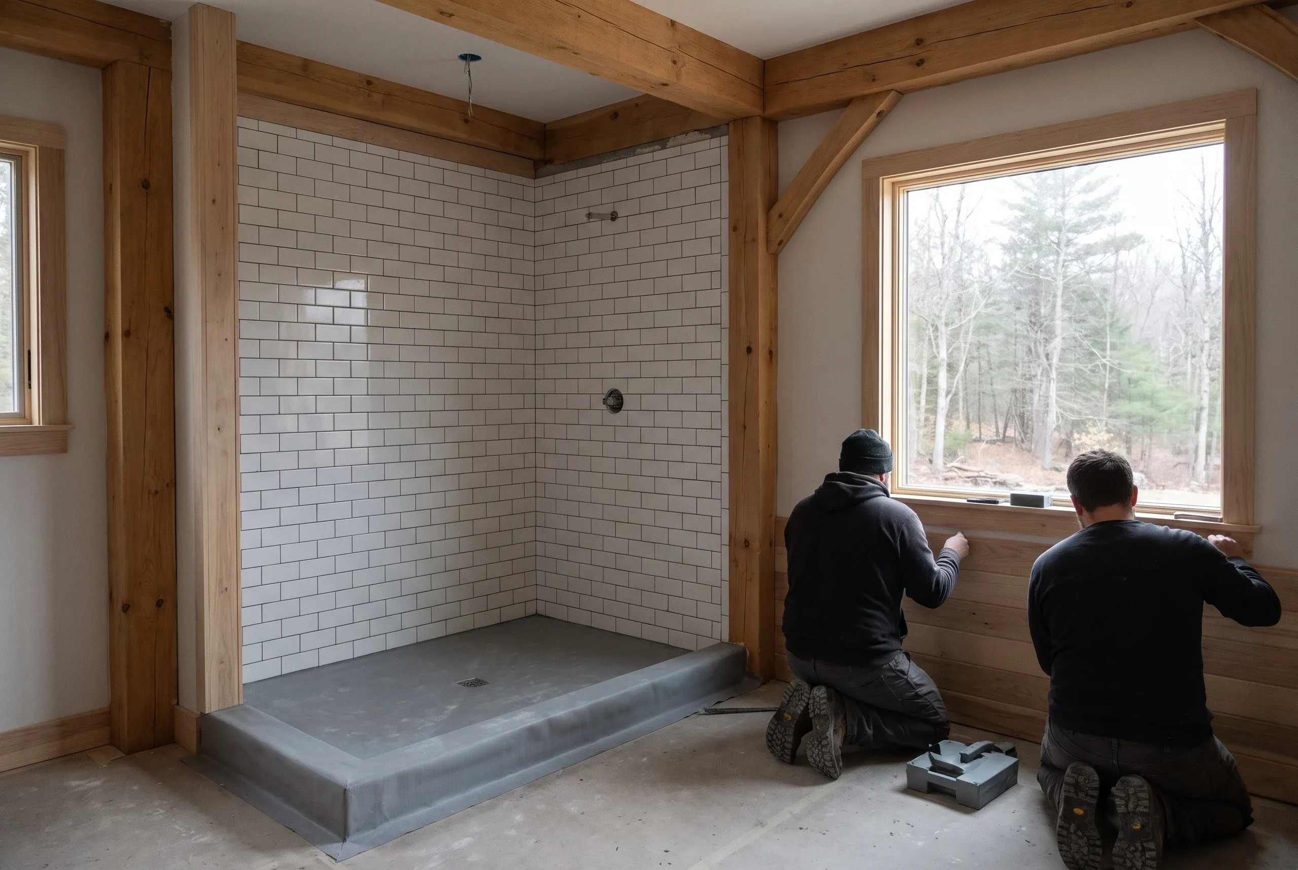Bathroom remodeler Fairfield Maine: timber-framed bathroom with a subway tile shower on a gray membrane pan as two workers fit wood wainscot