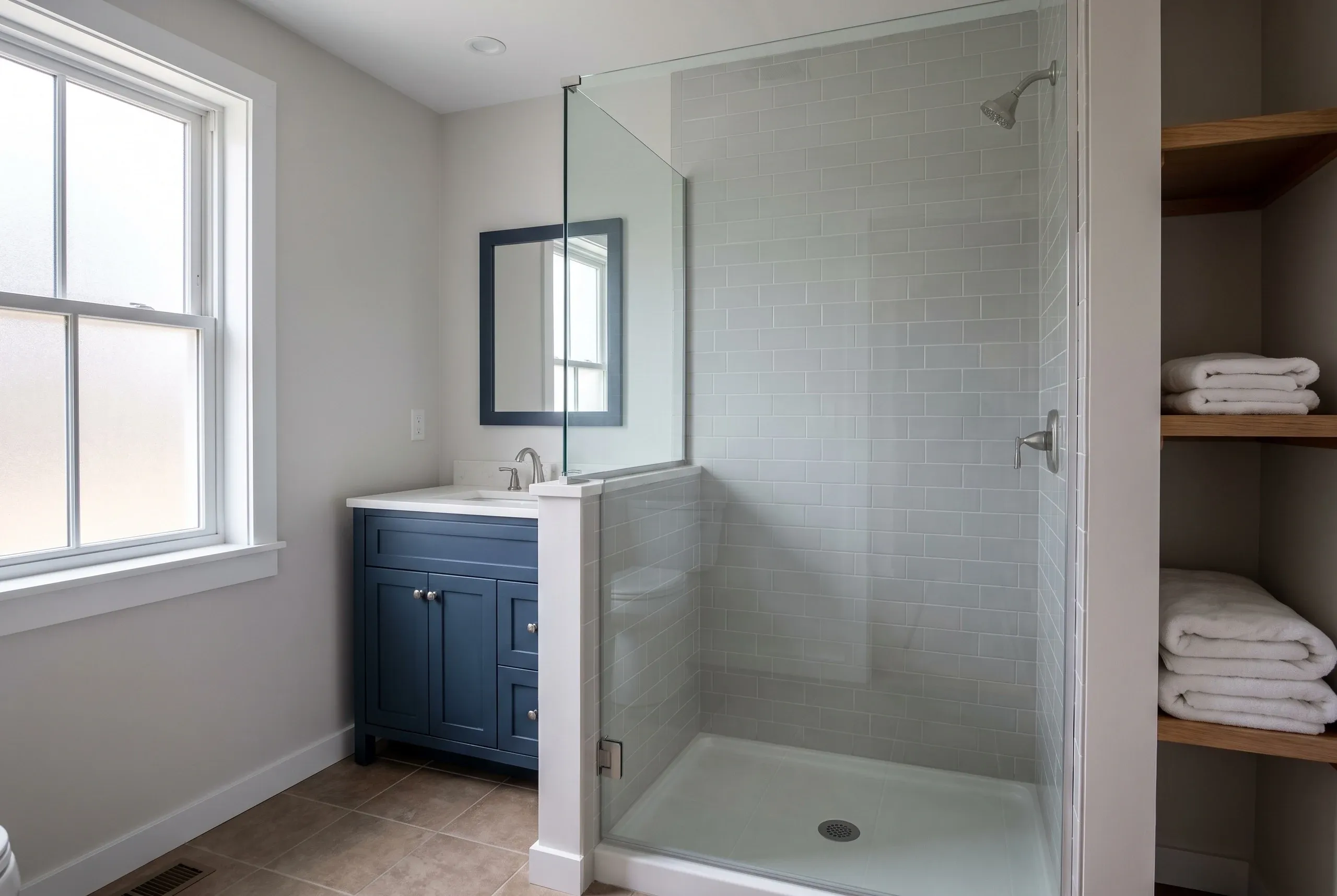 Bathroom remodeling in Gardiner, ME: navy shaker vanity beside a glass shower with gray subway tile on a half wall, towels on open shelves
