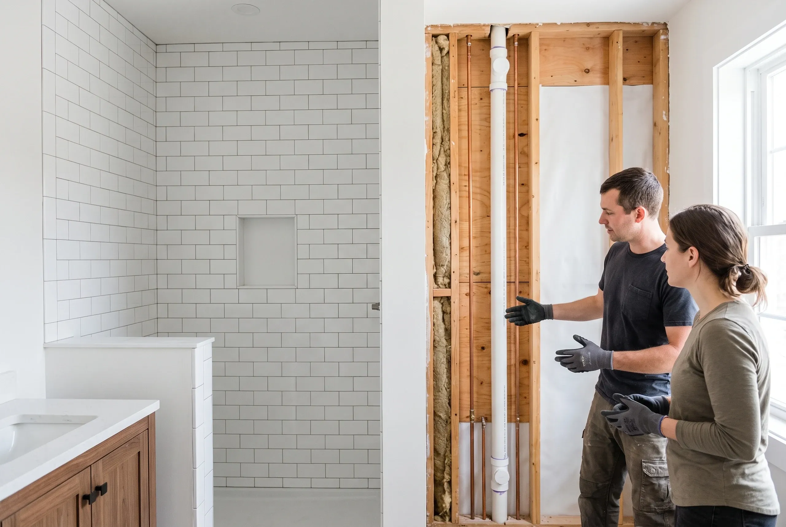 Bathroom remodeling contractor Gardiner Maine: worker shows a woman an open wall with a PVC drain and copper lines by a subway tile shower