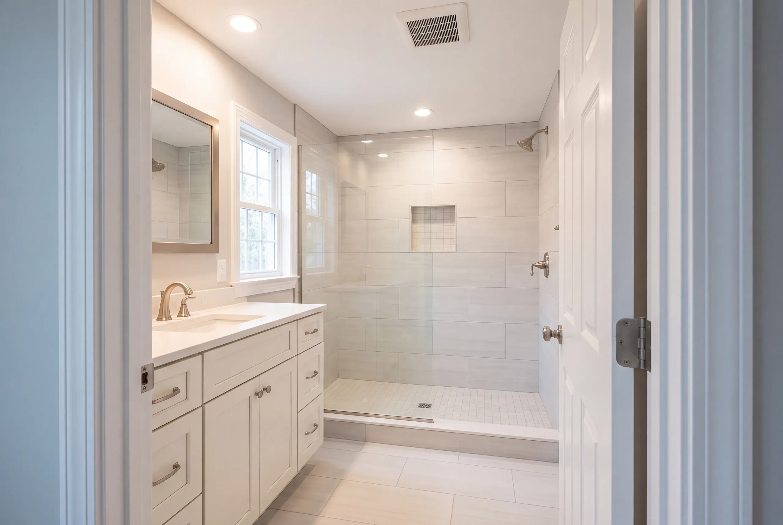 Bathroom remodeling: doorway view of a light gray tile shower with a glass panel and a white vanity