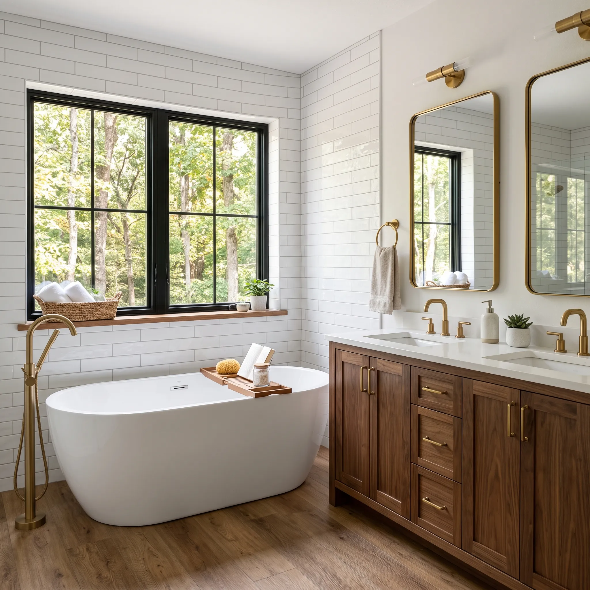 Bathroom remodeler Midcoast Maine: freestanding soaking tub with a brass floor filler by a black window and walnut double vanity