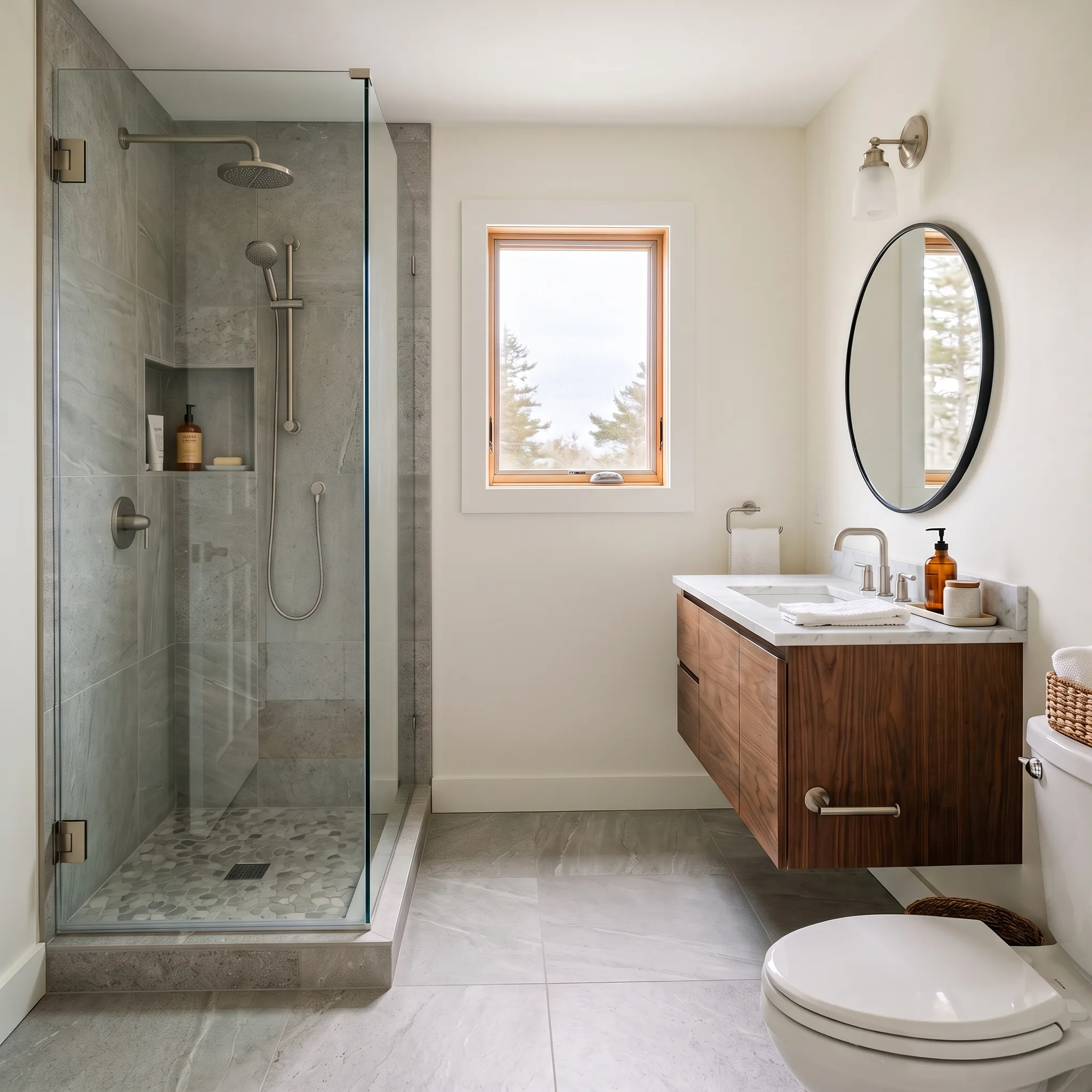 Bathroom remodeling contractor Midcoast Maine: small bathroom with a stone-look tile glass shower, pebble floor and floating walnut vanity