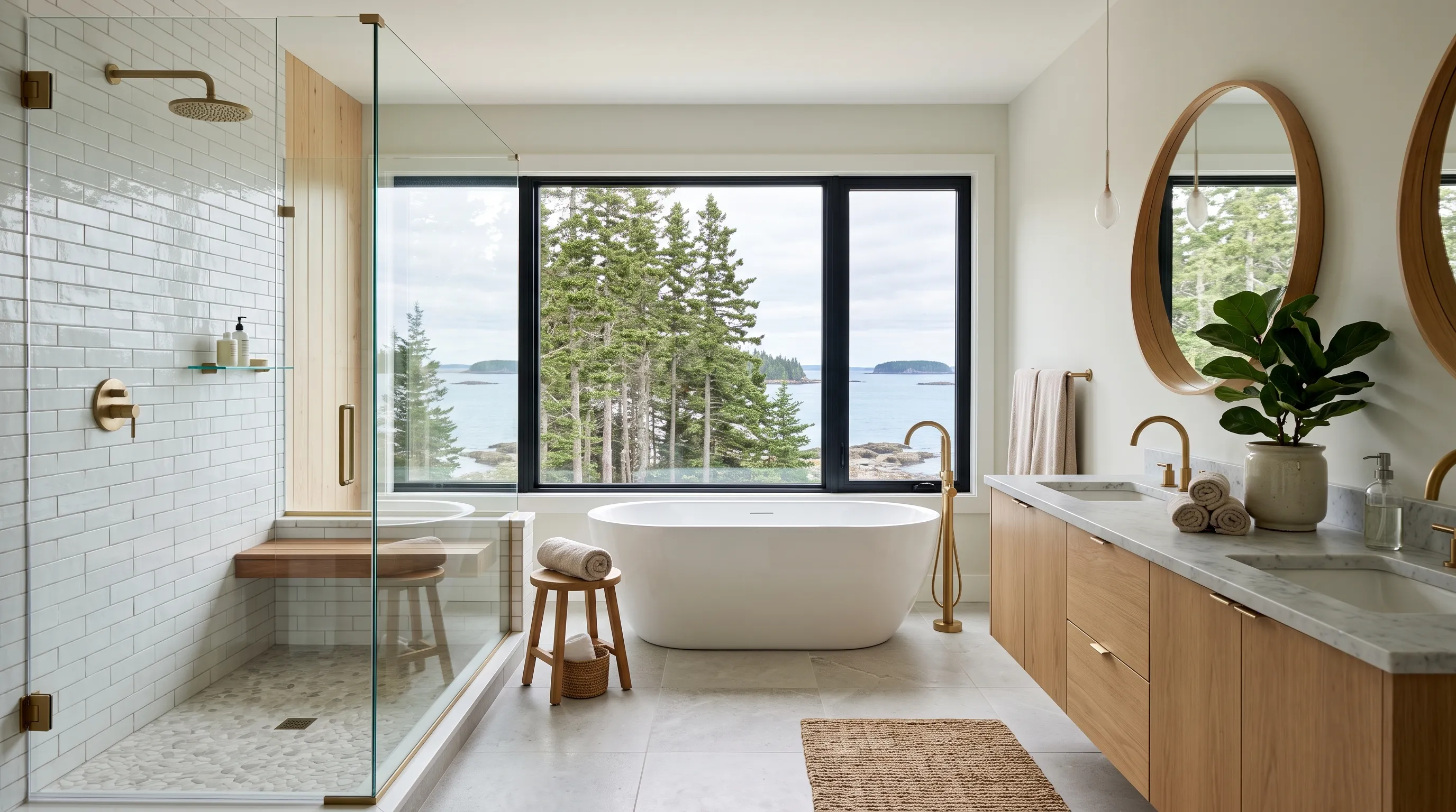 Bathroom renovation contractor Midcoast Maine: glass shower in white subway tile with brass fixtures, a freestanding tub at a water-view window