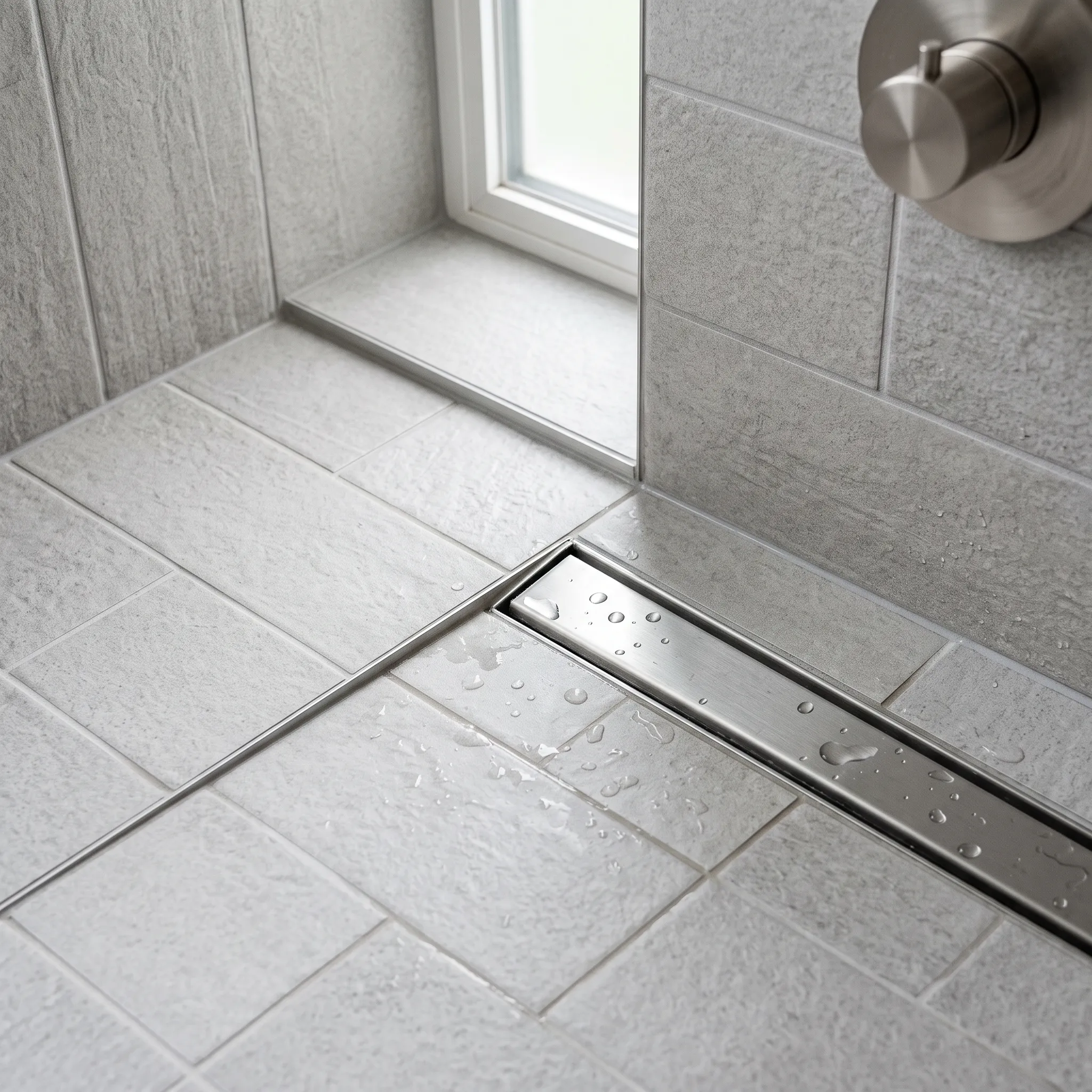 Bathroom remodeler Midcoast Maine: close view of a gray tile shower floor with a stainless linear drain and a wall-mounted valve