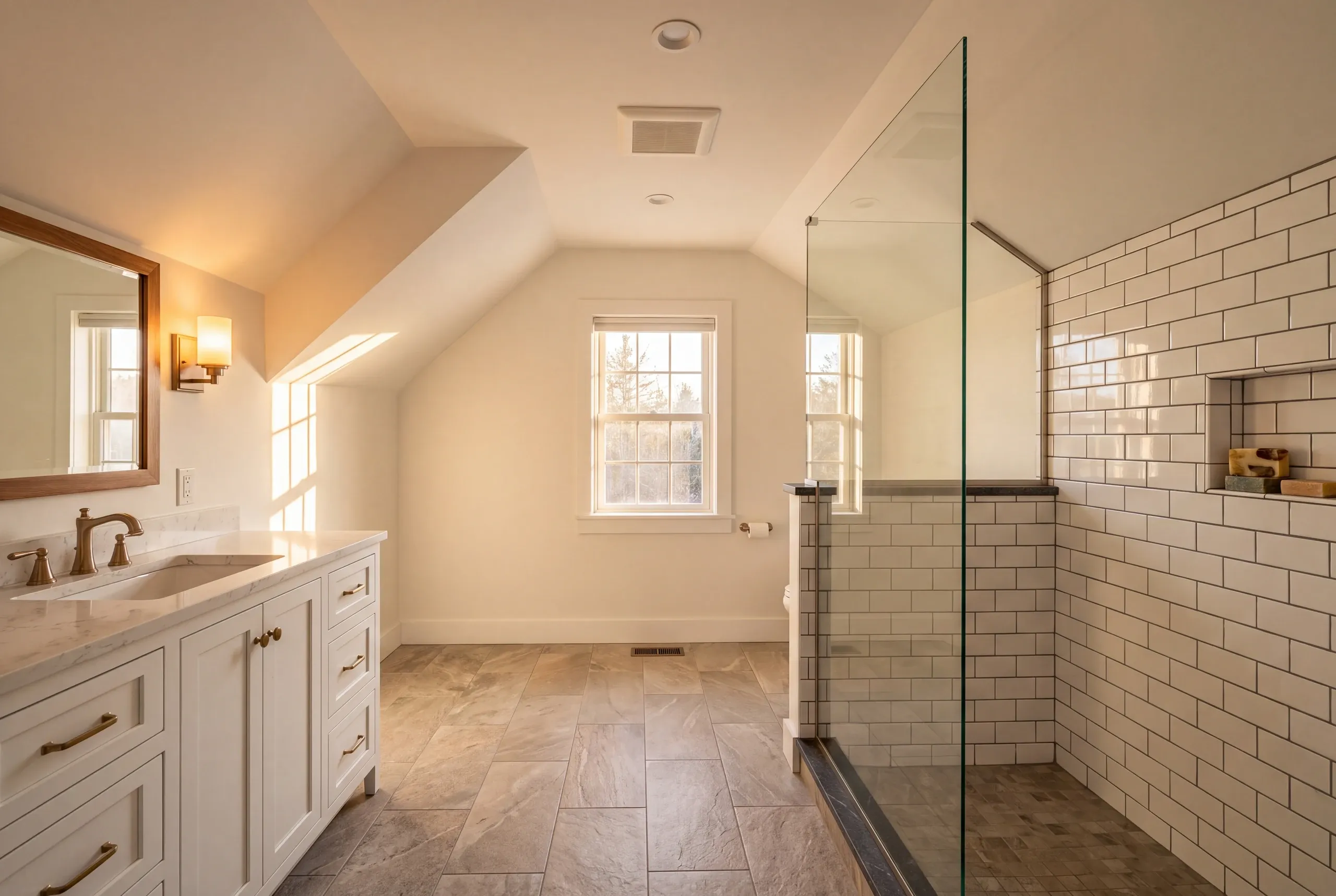 Bathroom remodeling in Lincolnville, ME: attic bathroom under sloped ceilings with a dark-grout subway tile shower and stone-top vanity