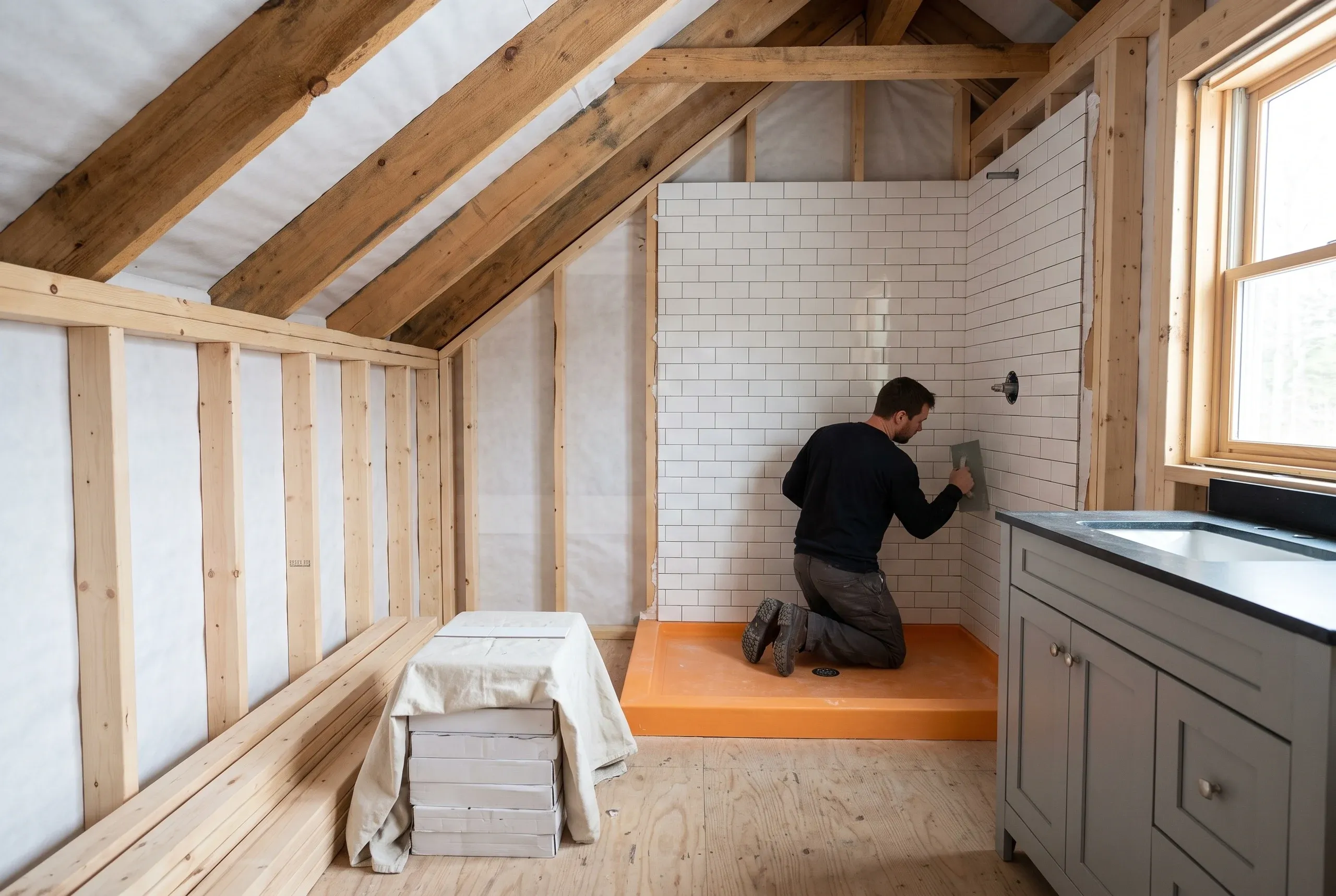 Bathroom remodeling contractor Lincolnville Maine: worker grouting a subway tile shower on an orange pan in a sloped attic bath