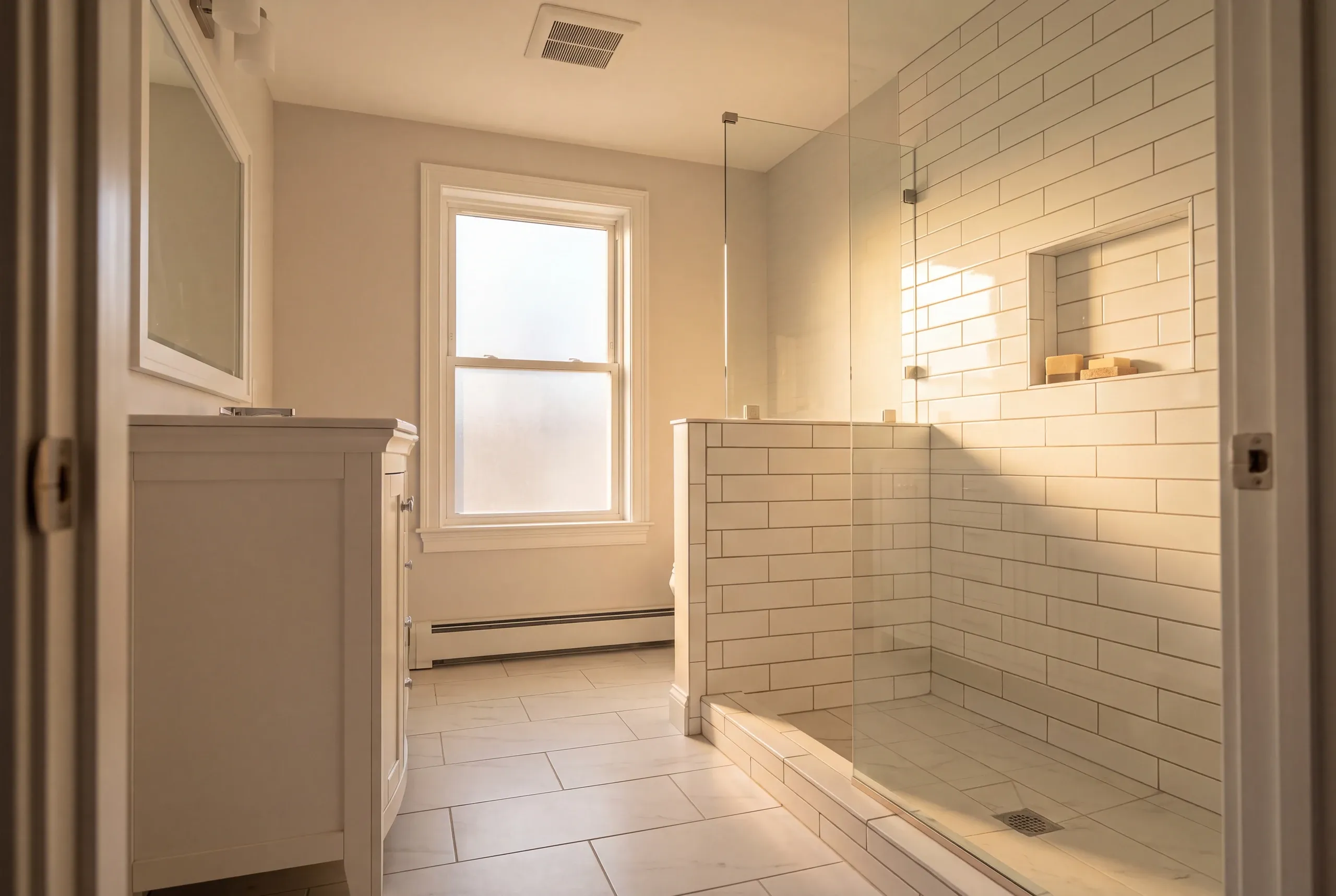 Bathroom renovation contractor Pittsfield Maine: subway tile shower behind a half wall and glass beside a white vanity and frosted window