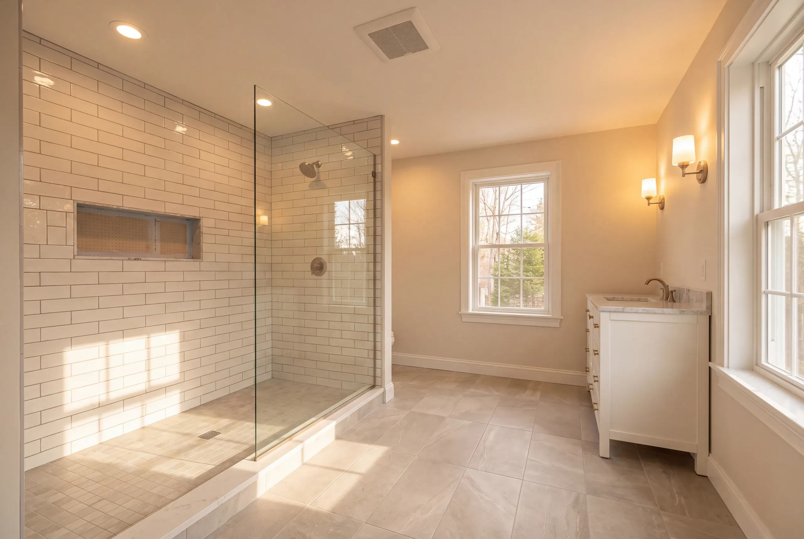 Bathroom remodeling in Pittston, ME: large walk-in shower with a long niche still bare, mosaic floor and a white vanity