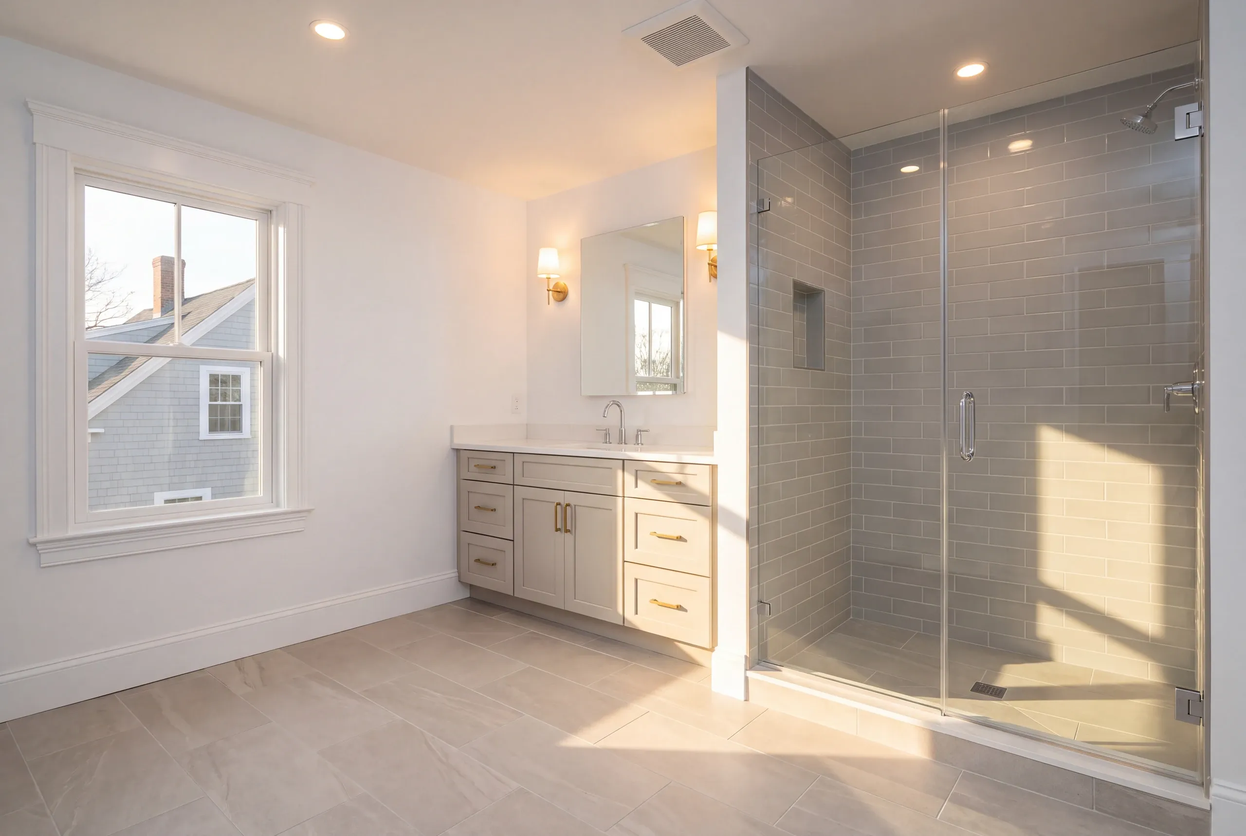Bathroom remodeling in Rockland, ME: bathroom with a gray subway tile glass shower, gray shaker vanity and brass sconces
