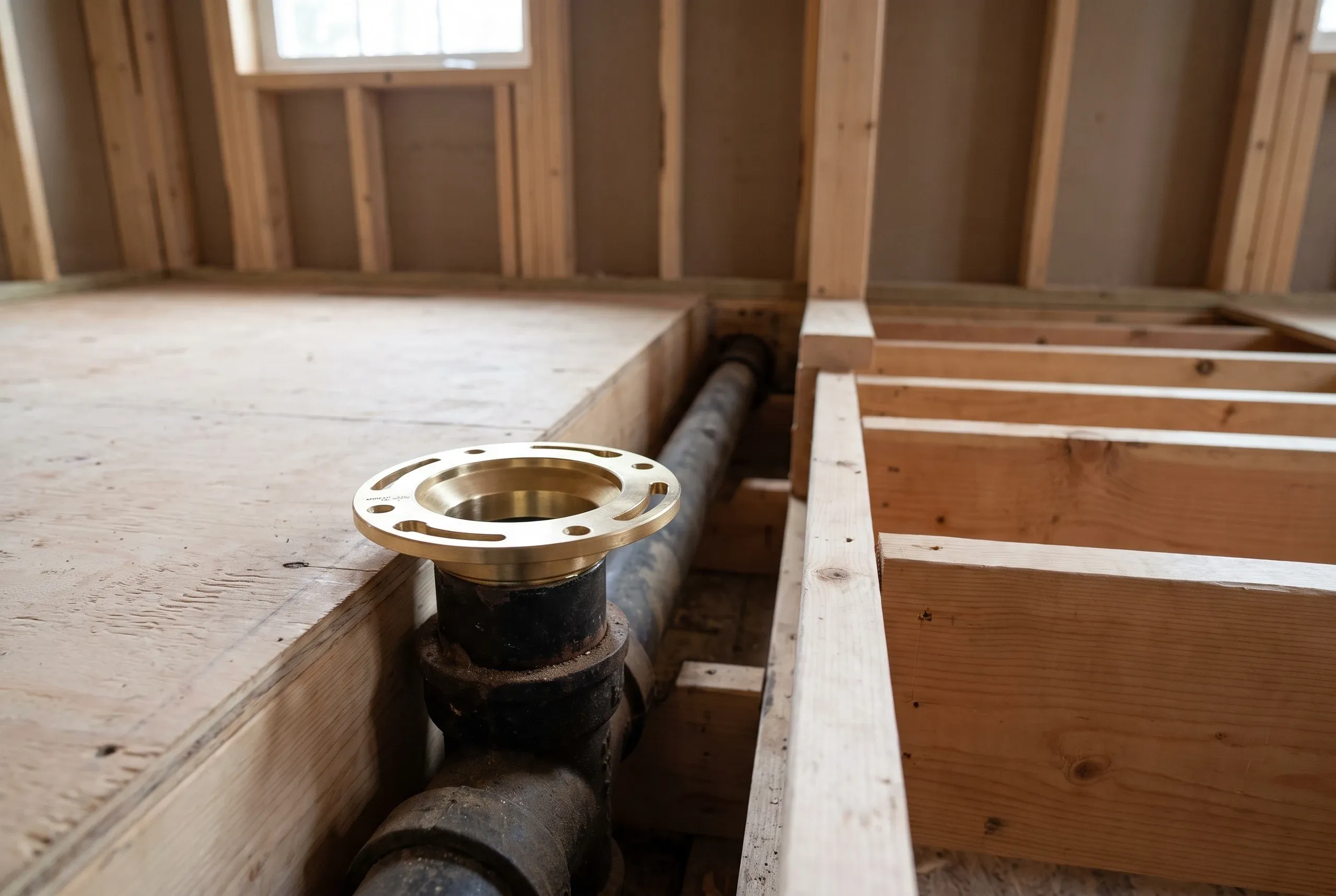 Bathroom renovation contractor Rockland Maine: low view of a brass toilet flange set on an old cast iron drain beside open floor joists