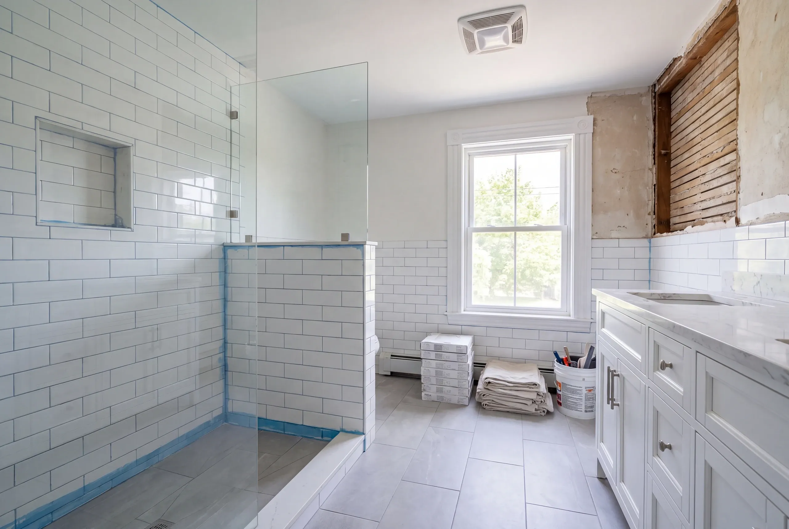 Bathroom remodeling contractor Rockland Maine: bathroom remodel with old wall lath exposed above subway tile and a shower still in blue membrane