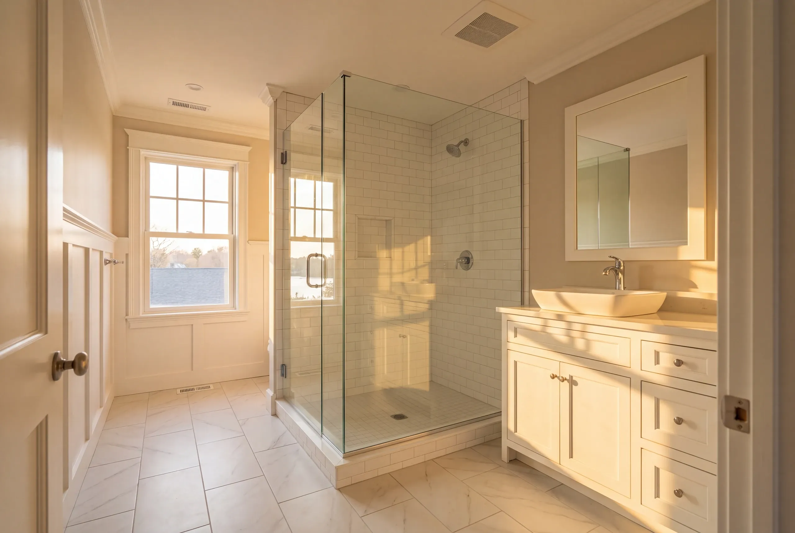 Bathroom remodeler Rockport Maine: glass corner shower with subway tile beside a vessel sink vanity and paneled wainscot