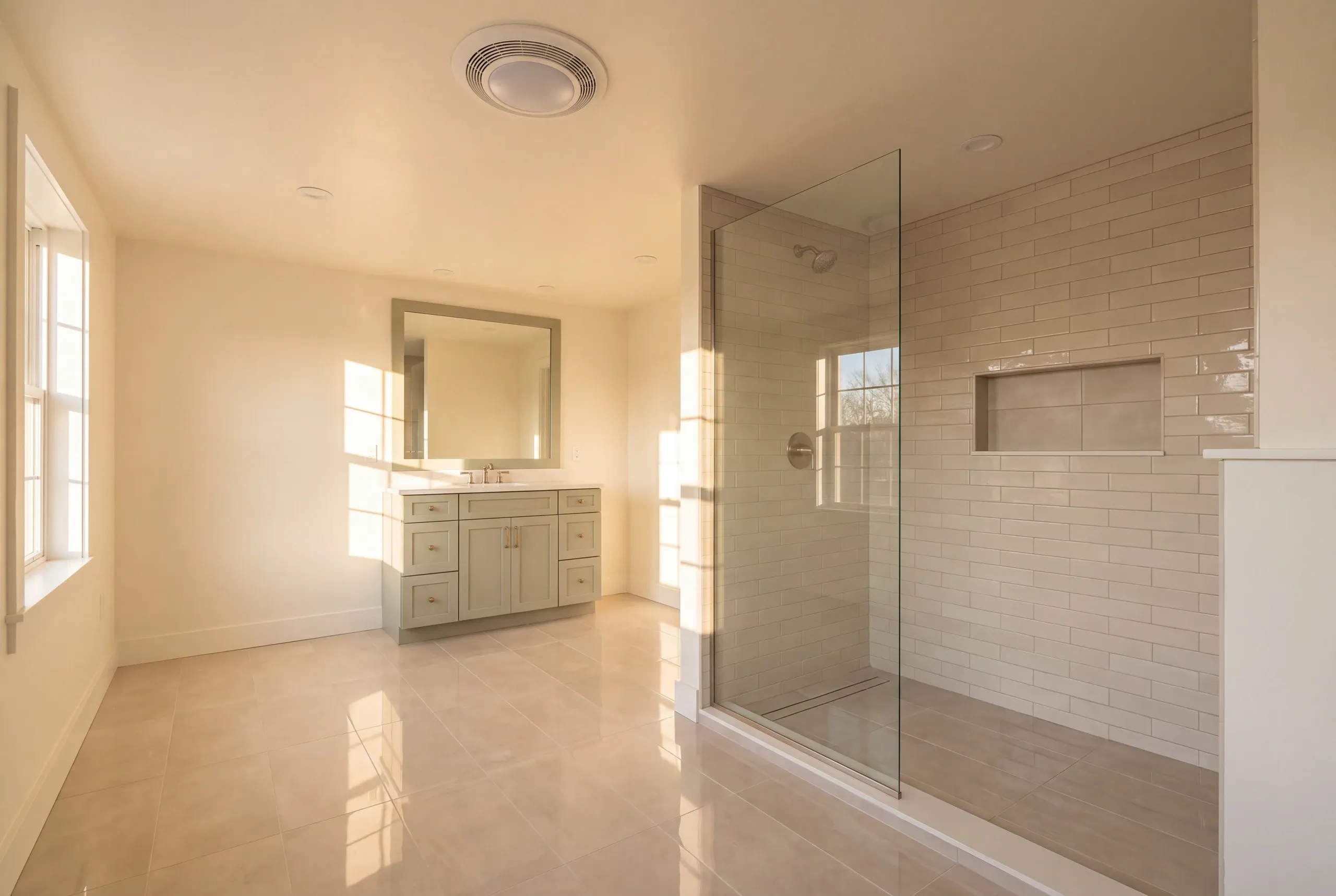 Bathroom renovation contractor Searsmont Maine: sunlit bathroom with a sage gray vanity and a long niche in a glass subway tile shower