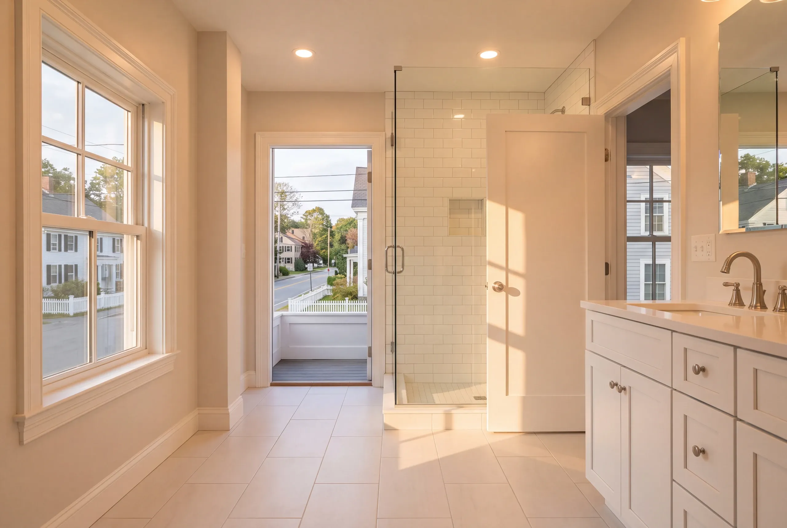 Bathroom remodeler Thomaston Maine: bathroom with a glass subway tile shower, white vanity and a glass door to a street-side porch