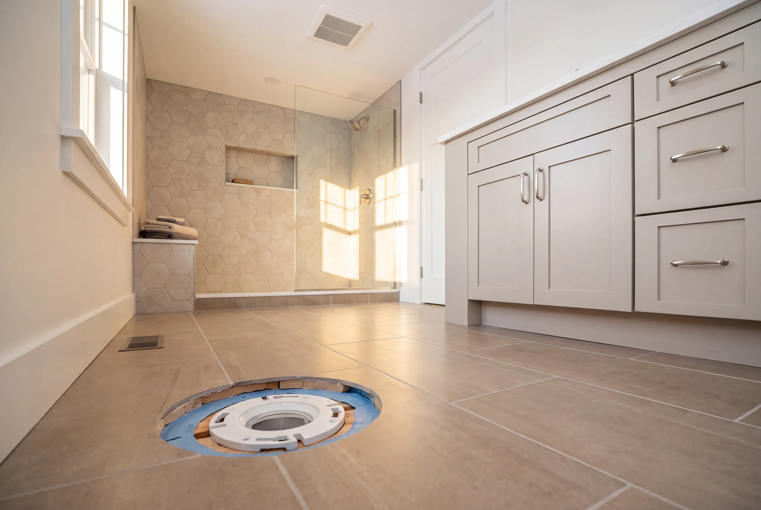 Bathroom renovation contractor Warren Maine: low view of a white toilet flange in a round floor cut beside a gray vanity and hex tile shower