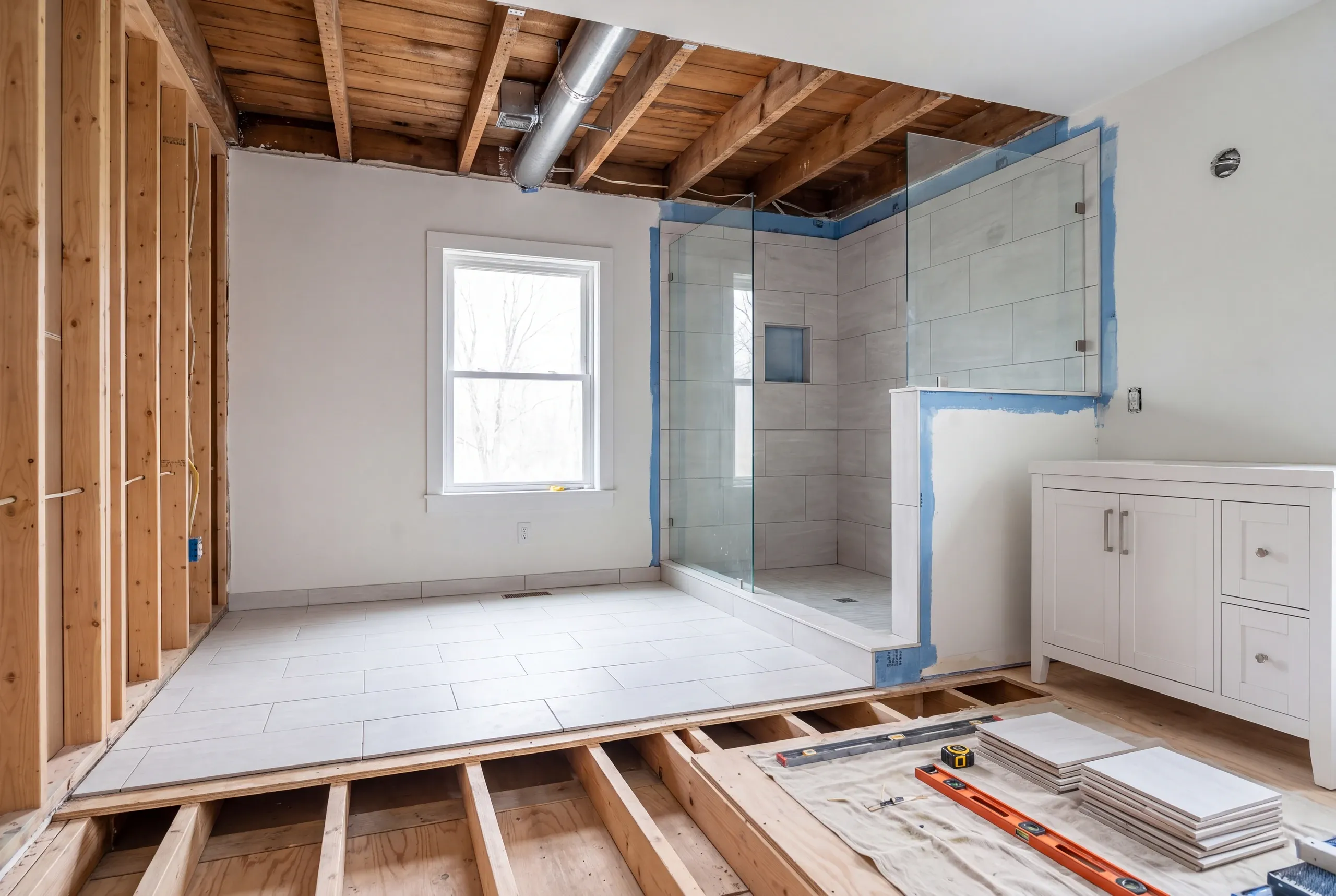 Bathroom remodeling contractor Warren Maine: bathroom remodel with open floor joists, an open ceiling and a gray tile shower beyond