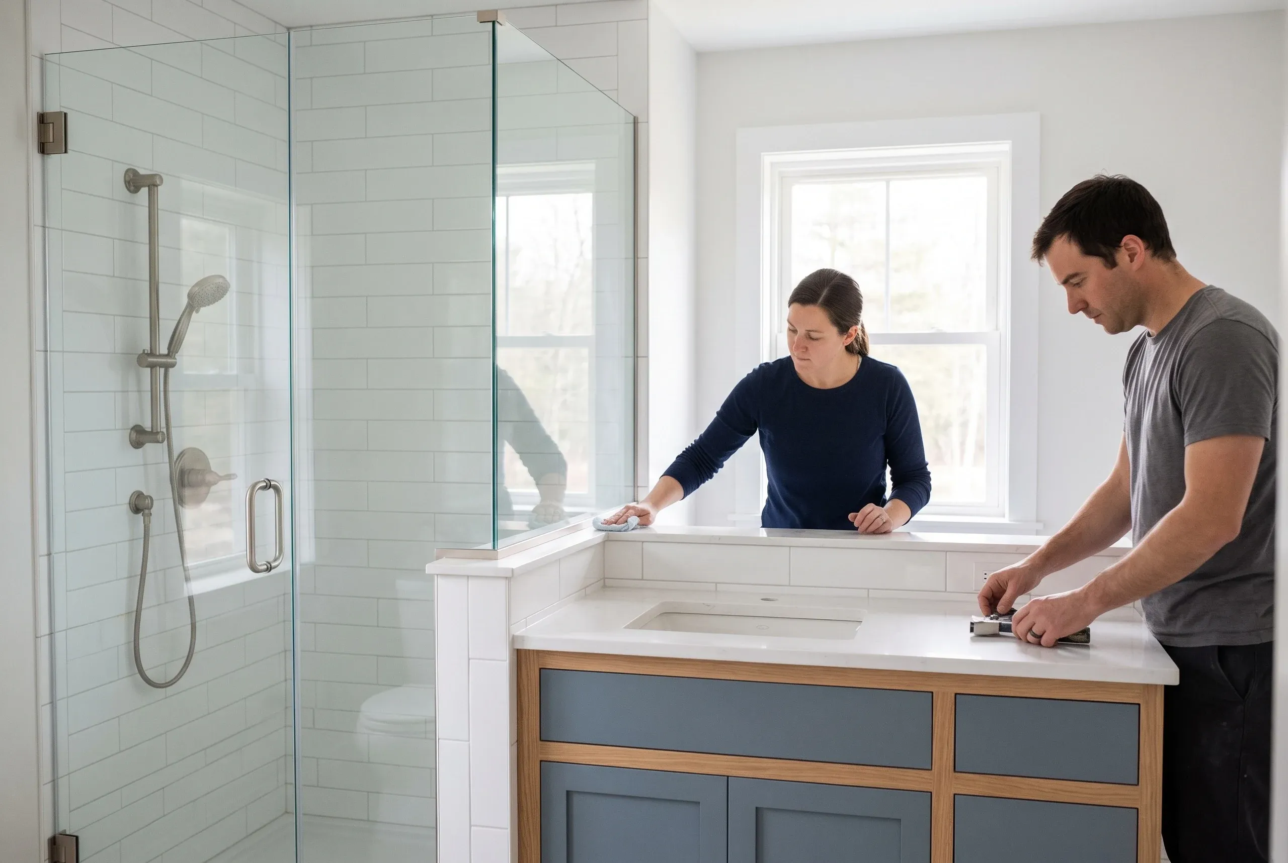Bathroom renovation contractor Warren Maine: glass subway tile shower with a handheld spray beside a blue-gray vanity as two people finish up