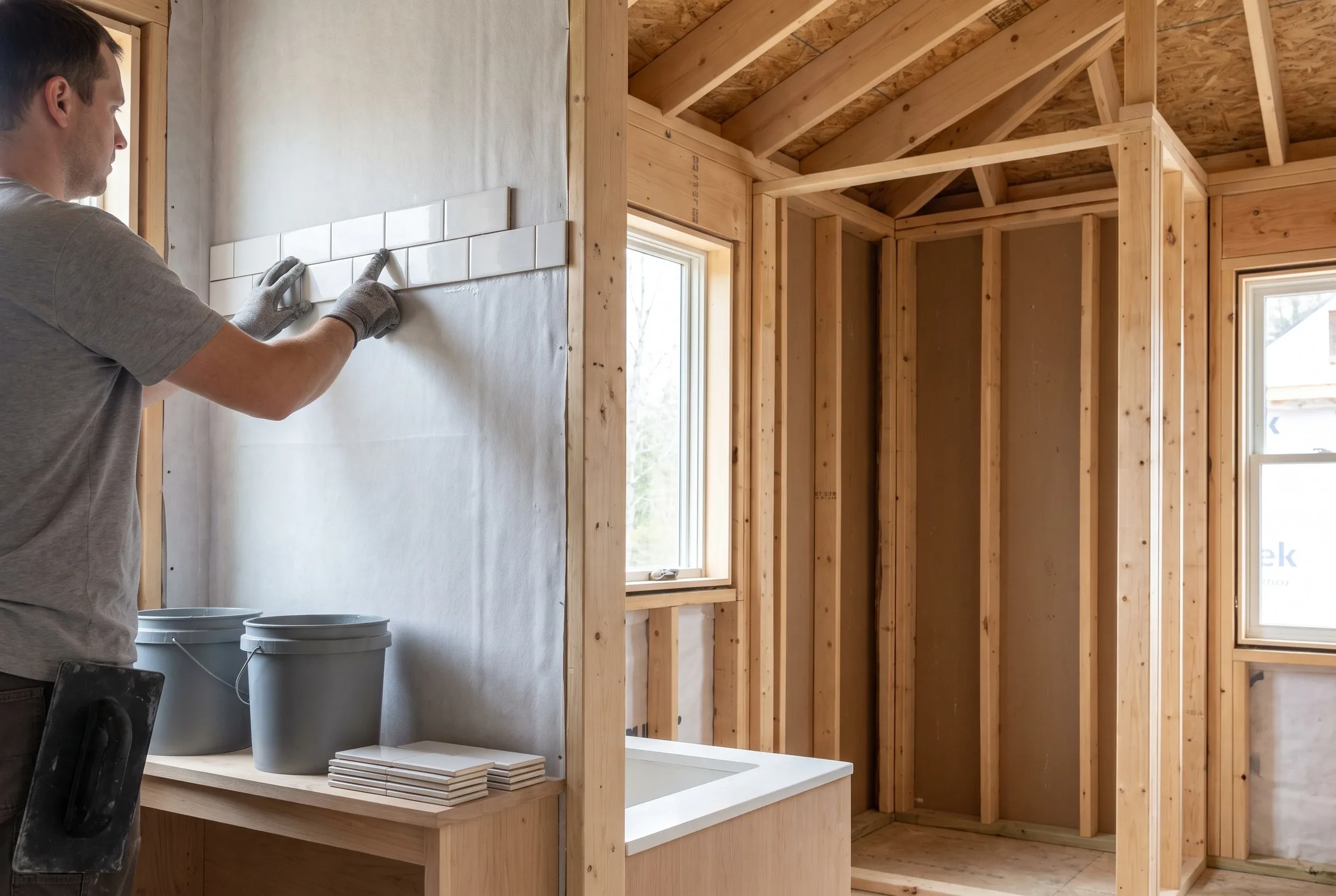 Bathroom remodeling contractor Windsor Maine: gloved tile setter pressing subway tile onto gray backer, buckets and tile on a cabinet