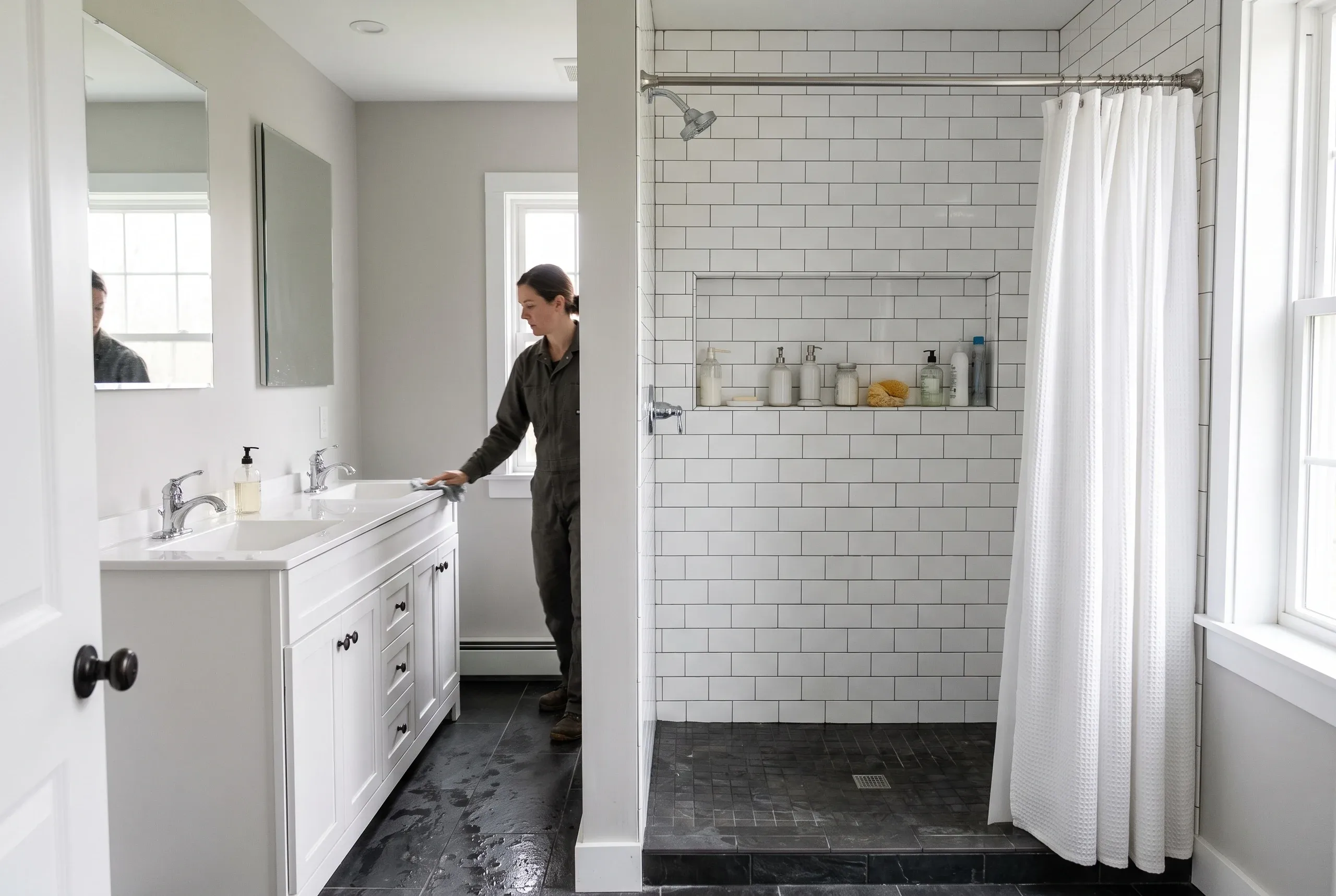 Bathroom renovation contractor Windsor Maine: subway tile shower with a long niche and dark floor tile beside a white double vanity