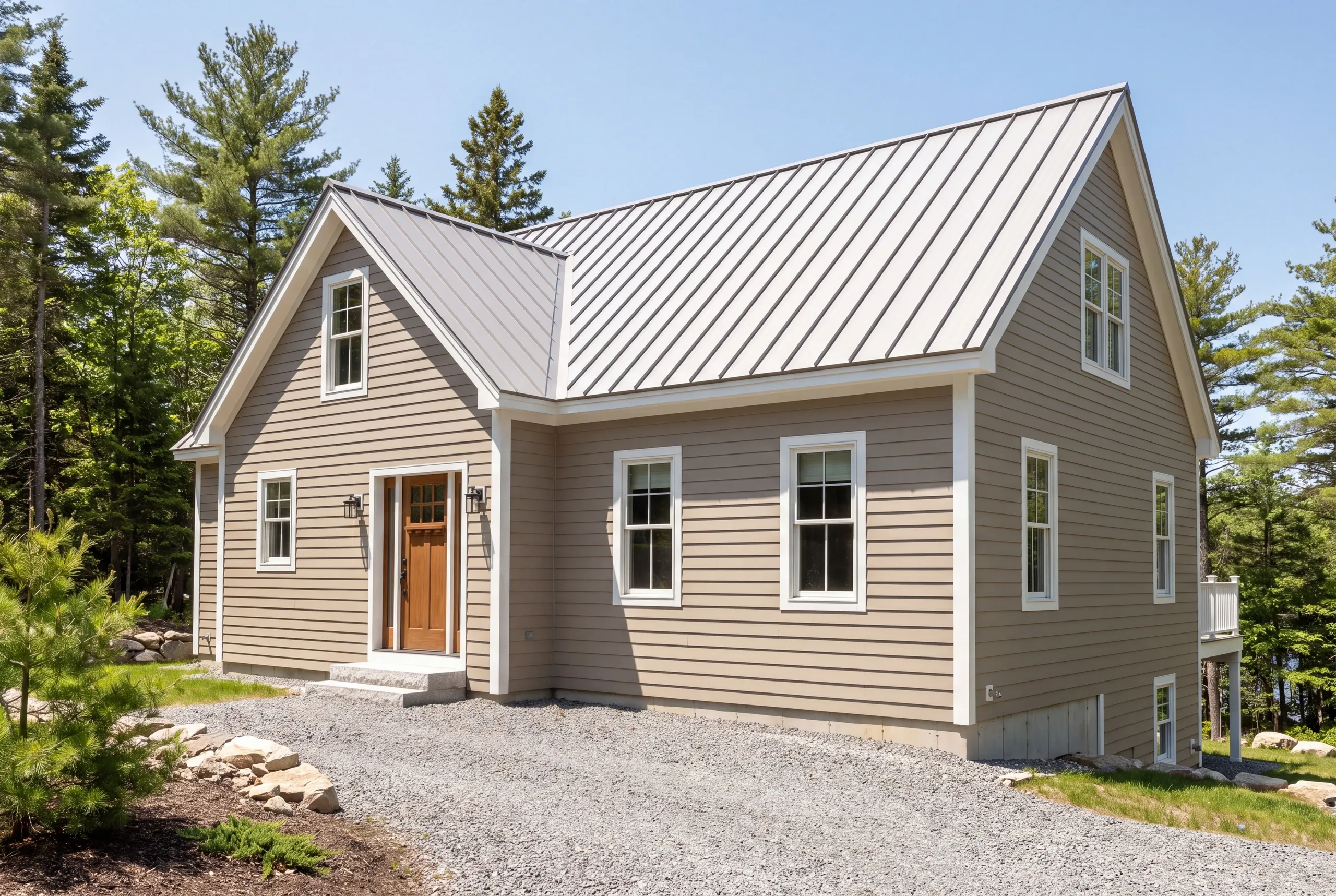 Kenneth Cox Construction complaints policy: taupe lap-sided house with a silver standing seam roof and a wood front door on a wooded slope