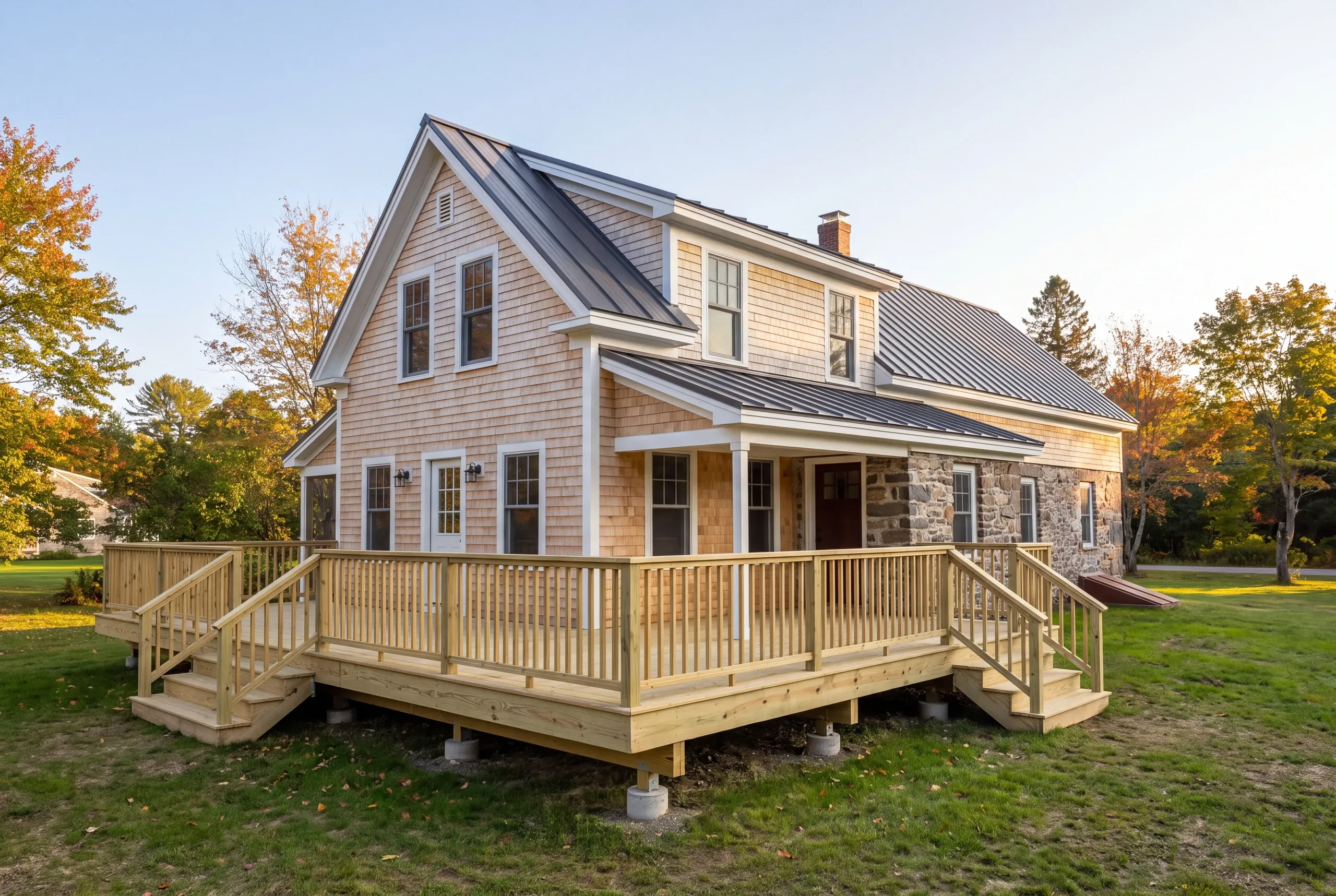 Cost to build a deck in MidCoast Maine: pressure-treated deck with picket rails and two stairs on concrete piers at a cedar-shingled house