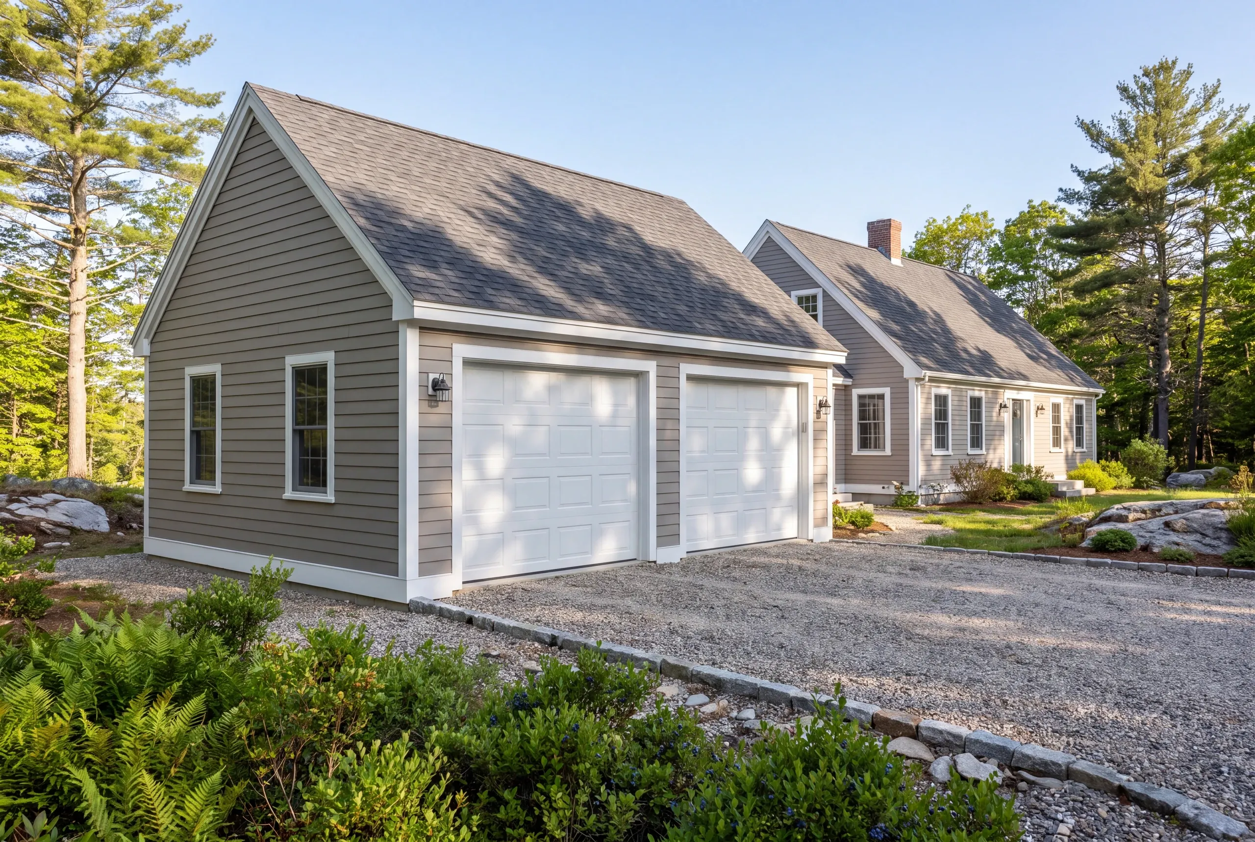 Cost to build a garage in MidCoast Maine: two-car garage in taupe lap siding with white panel doors, joined to a cape by a short connector