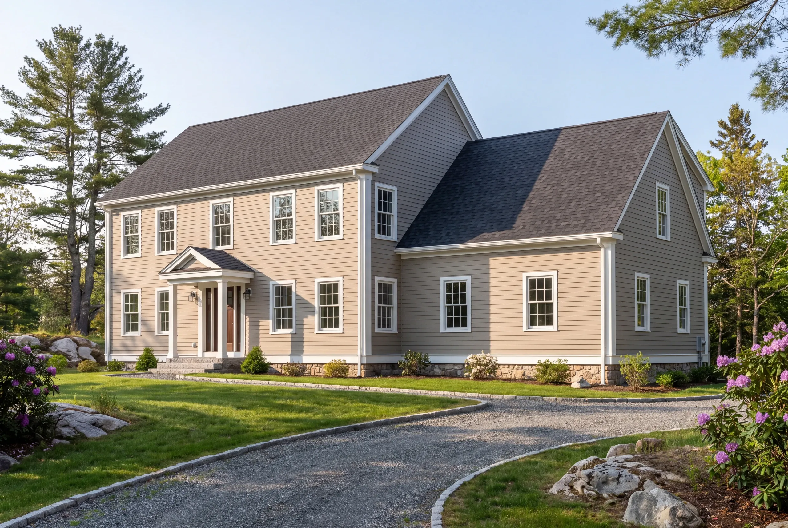 Cost to build a custom home in MidCoast Maine: finished two-story colonial in beige lap siding with a side ell and gravel drive