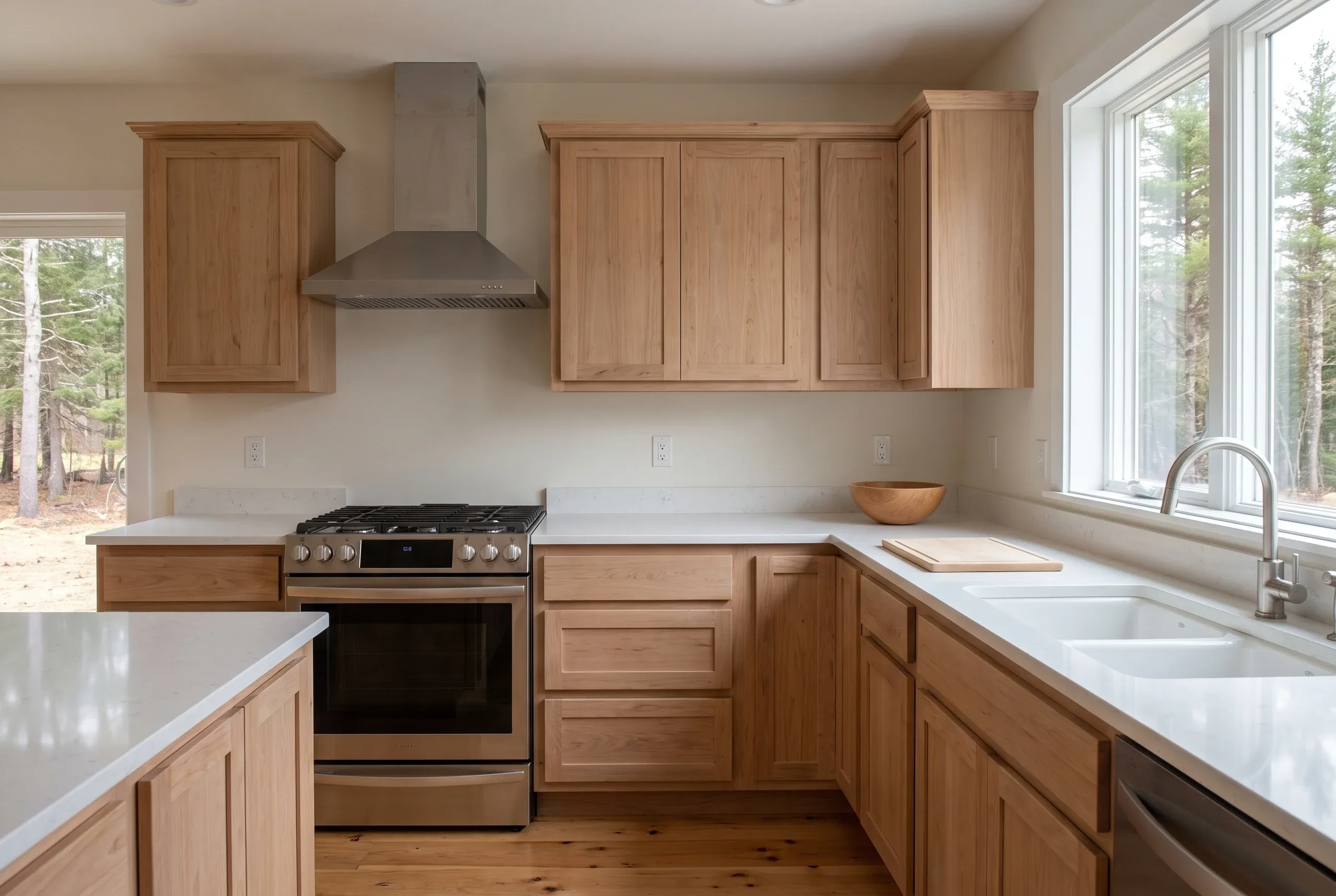 Cost to remodel a kitchen in Midcoast Maine: natural maple shaker kitchen with quartz counters, stainless range and hood and a window over the sink