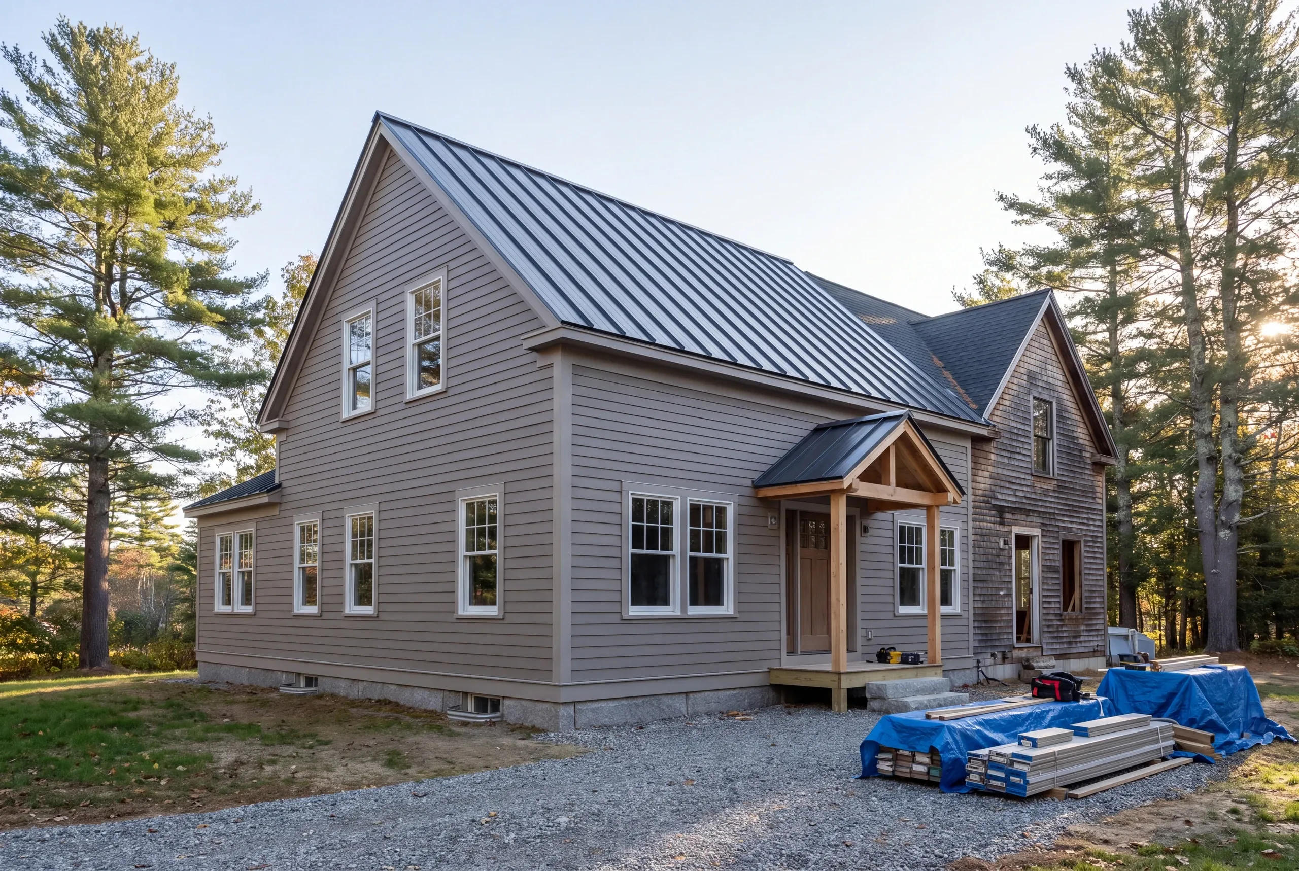 Cost to remodel a house in MidCoast Maine: gray lap-sided section with standing seam roof joined to an older cedar-shingled end in renovation