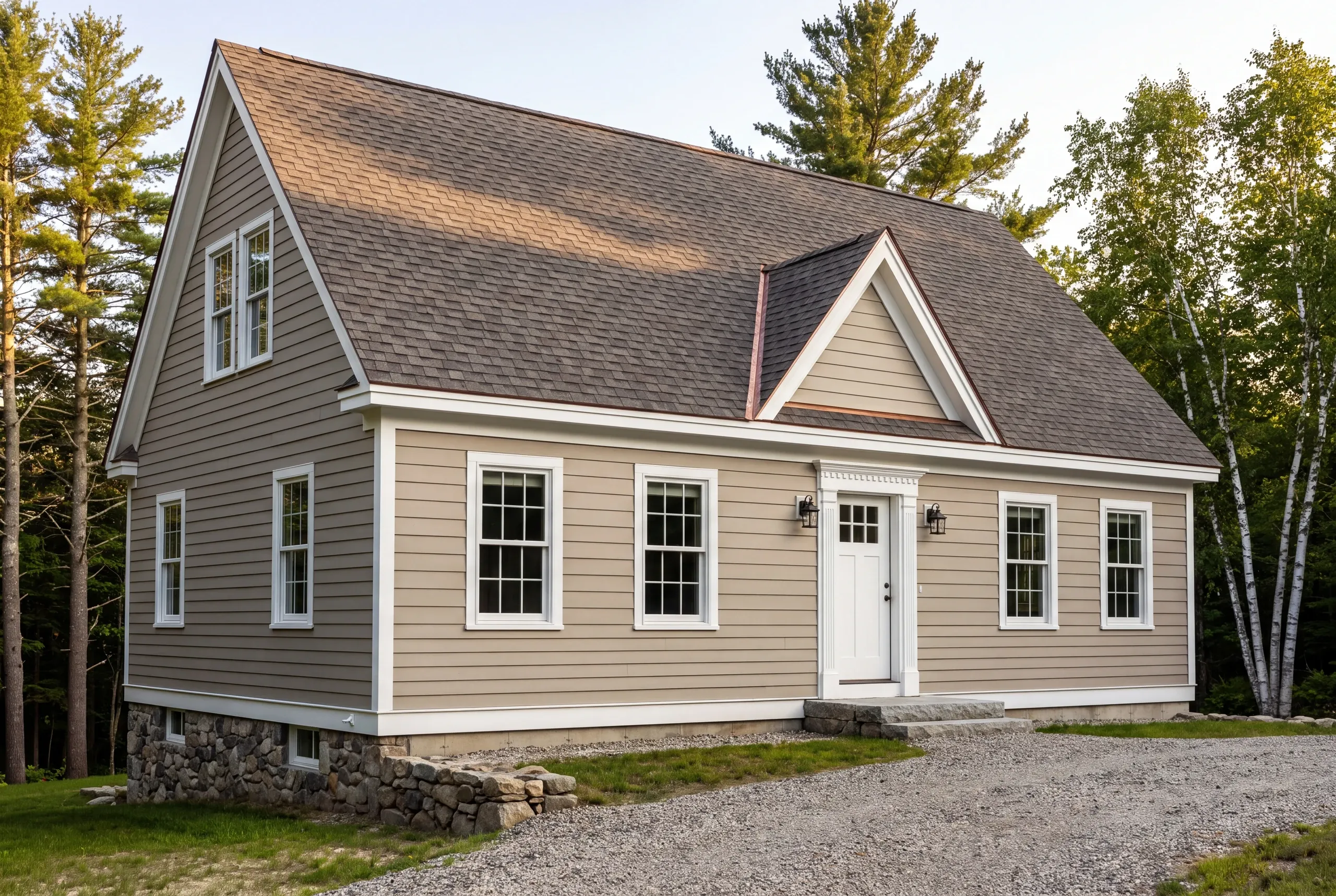 Cost to replace a roof in MidCoast Maine: cape with a brown architectural shingle roof, front cross gable and taupe lap siding