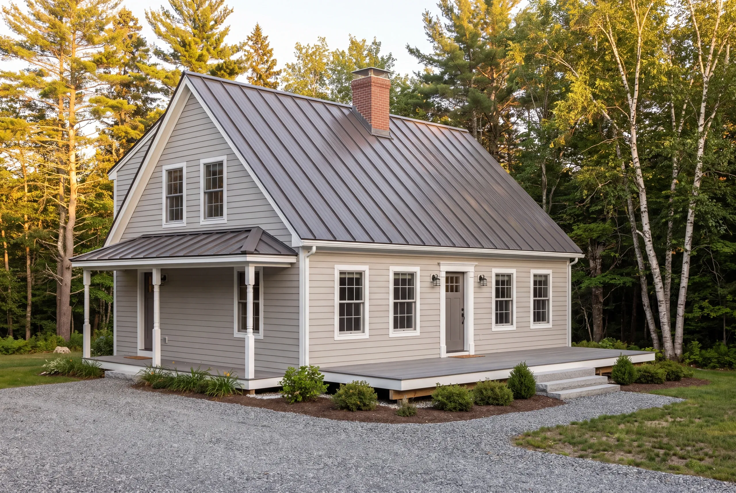 Cost to replace siding in MidCoast Maine: cape in light gray lap siding with a standing seam roof, covered porch and low front deck