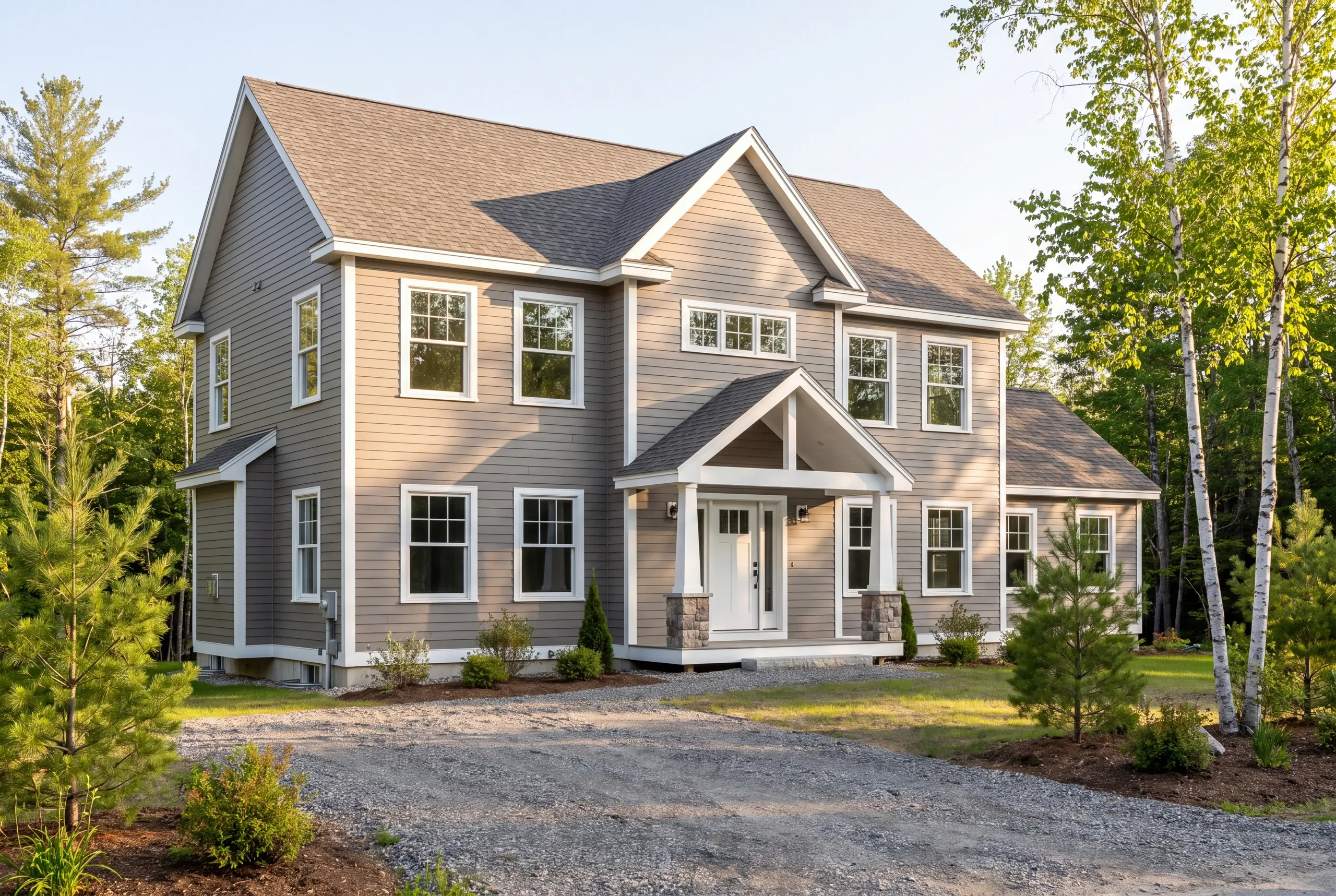 Custom home builder in Augusta, ME: two-story colonial in greige lap siding with twin front gables and a portico on stone piers