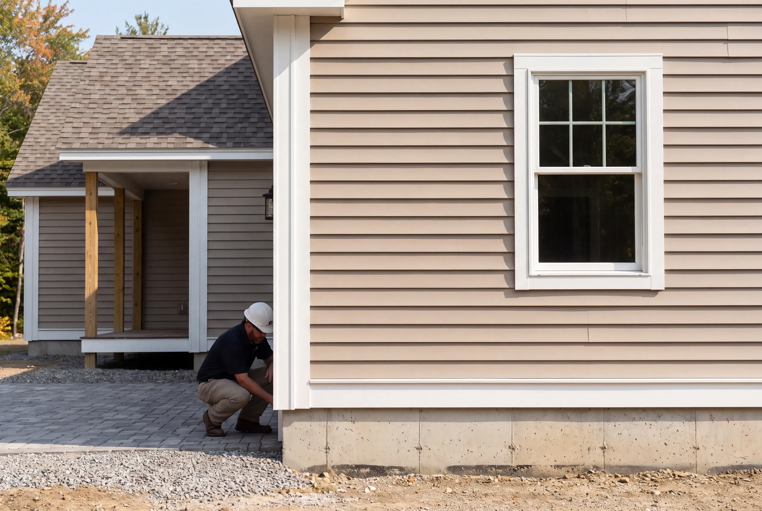 New home builder Augusta Maine: man in a hard hat crouched at the corner trim above the concrete foundation of a tan-sided house