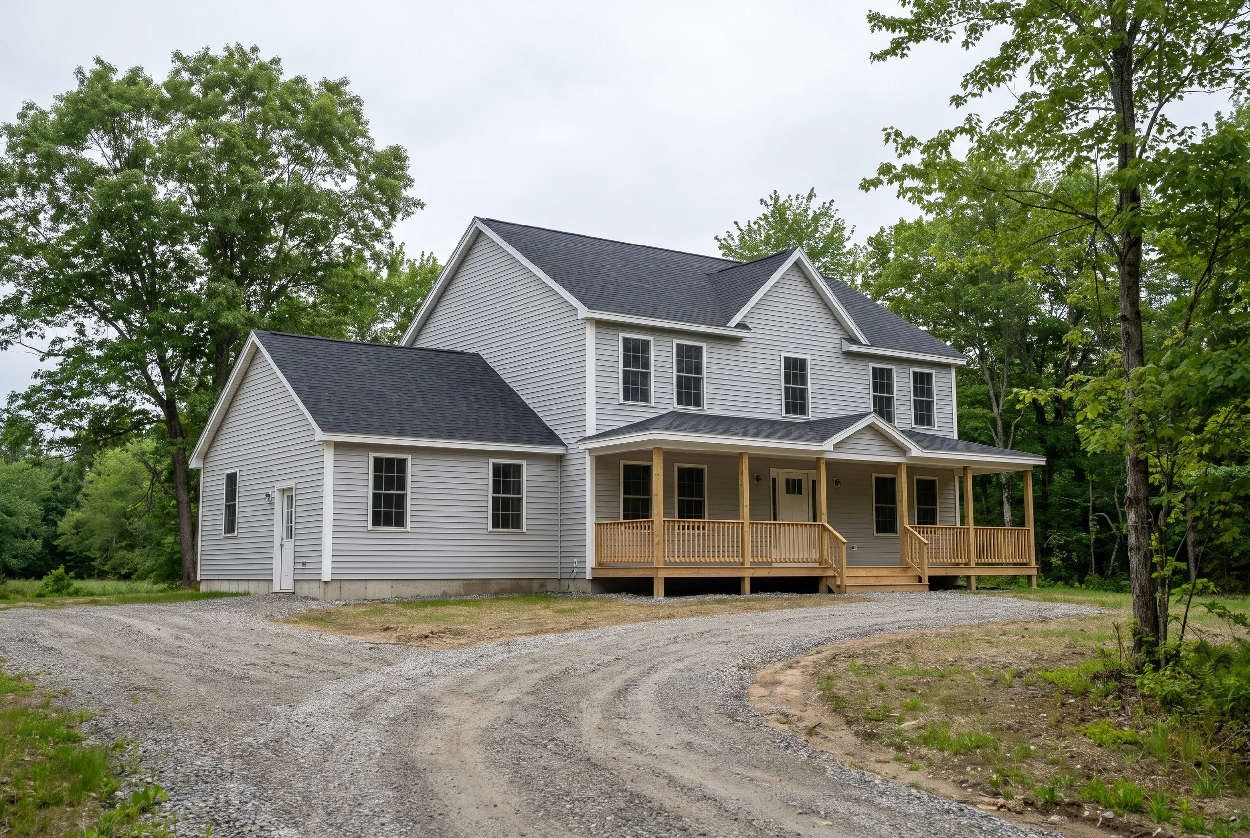 Residential home builder Augusta Maine: finished two-story gray home with farmer's porch and gravel drive in the woods