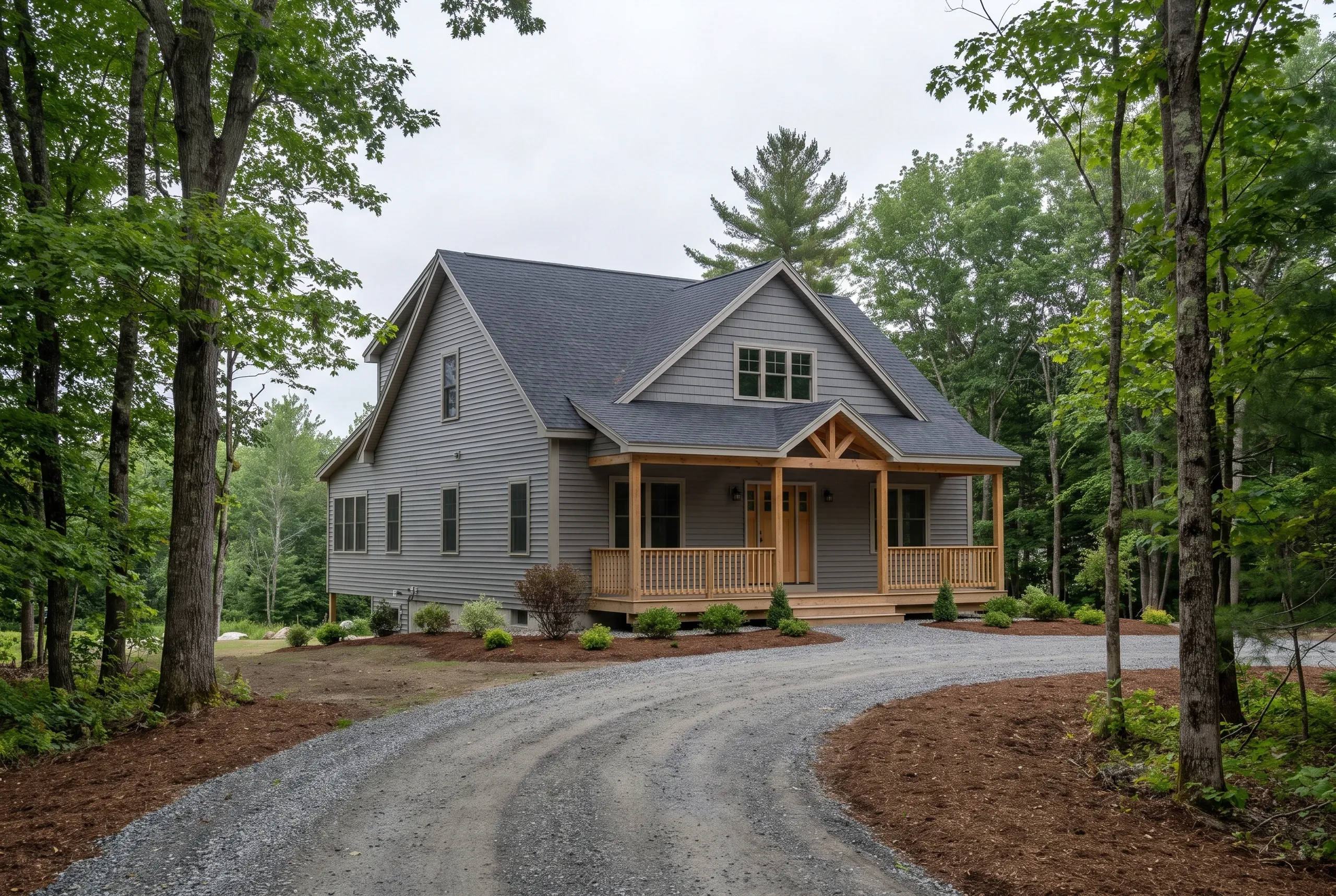 Custom home builder Augusta Maine: finished gray cape with timber porch entry on a curved gravel drive in the pines