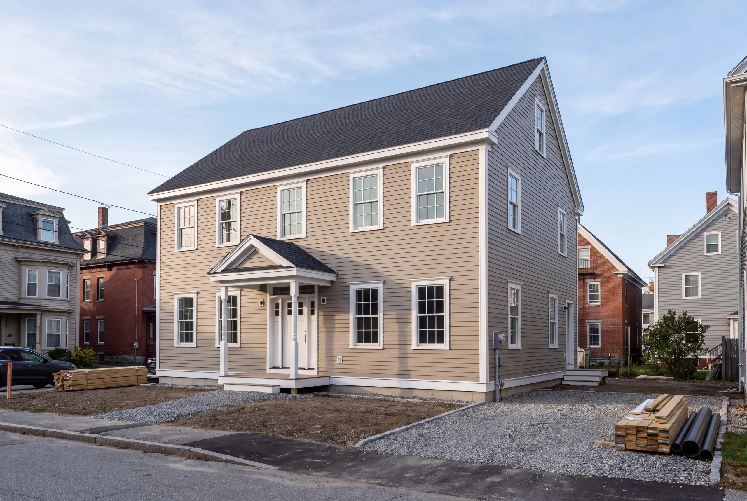 Custom home builder in Bath, ME: new two-story colonial in tan lap siding on an in-town lot between older homes