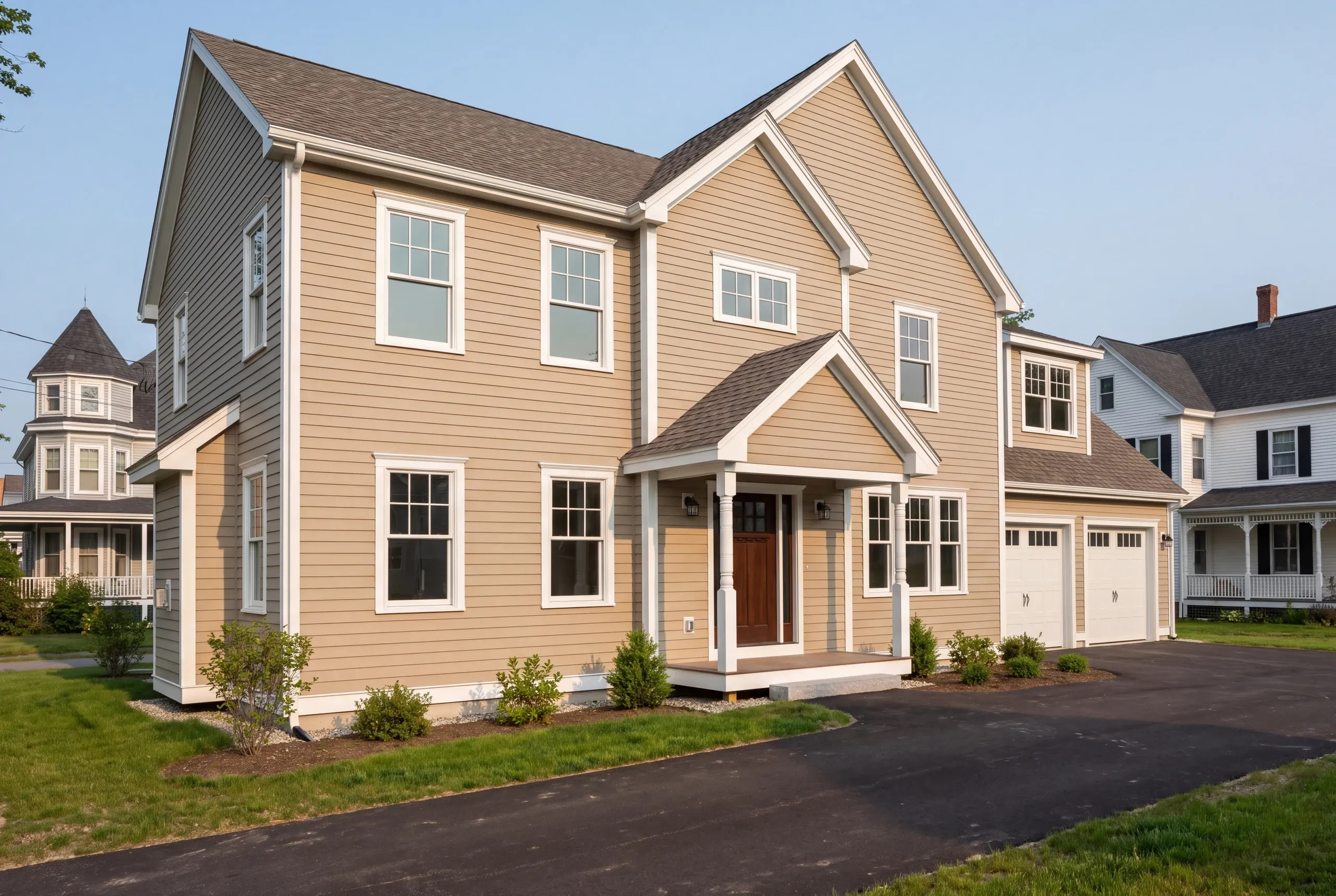 New home builder Bath Maine: tan two-story house with cross gables and an attached two-car garage beside older neighbors