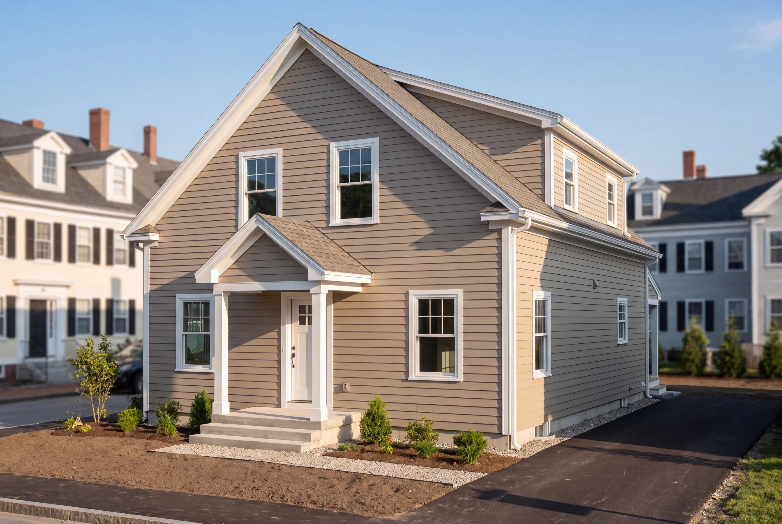 Residential home builder Bath Maine: gable-front taupe house with a small portico and granite steps between older colonials