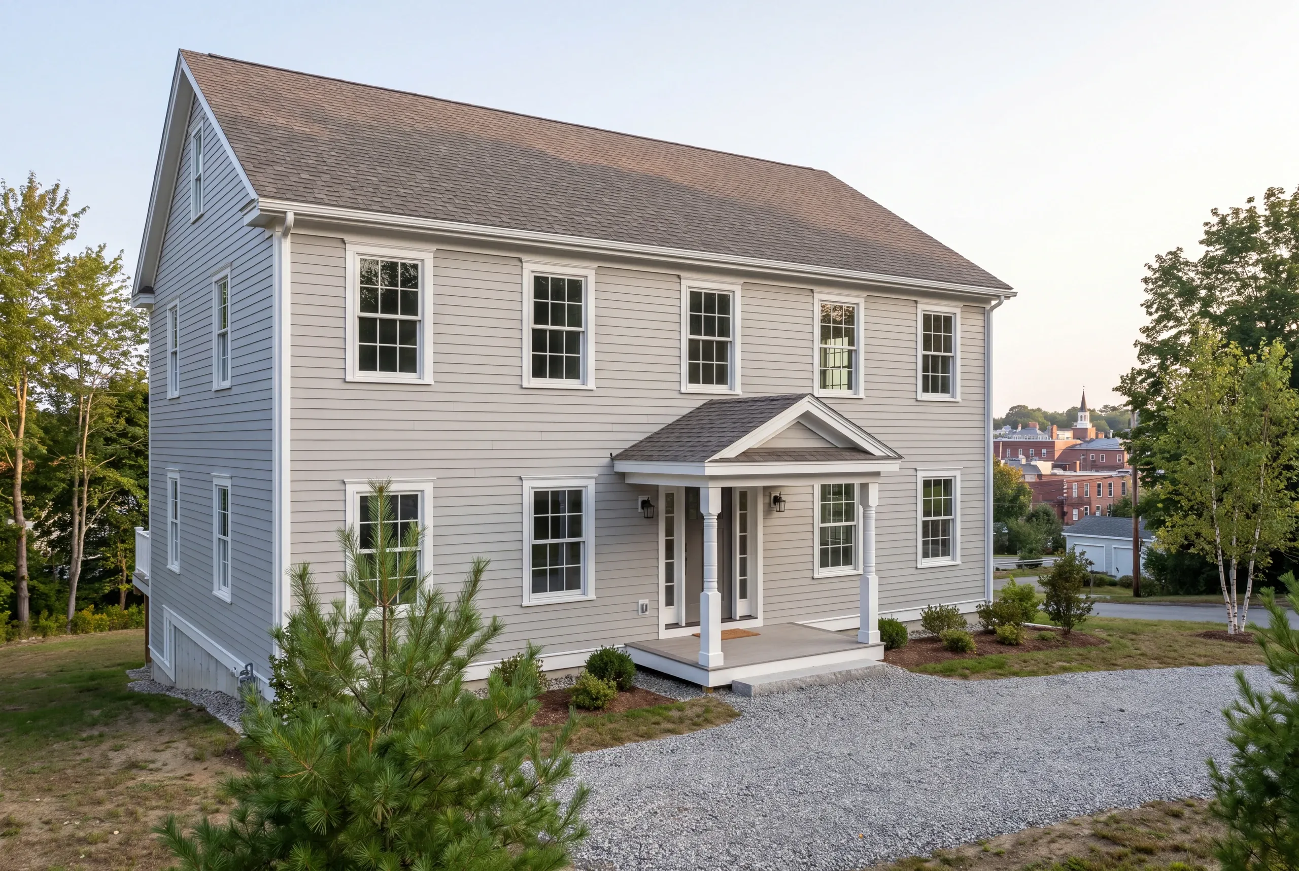 Custom home builder Bath Maine: pale gray two-story colonial with a gabled portico and a young pine above a gravel drive