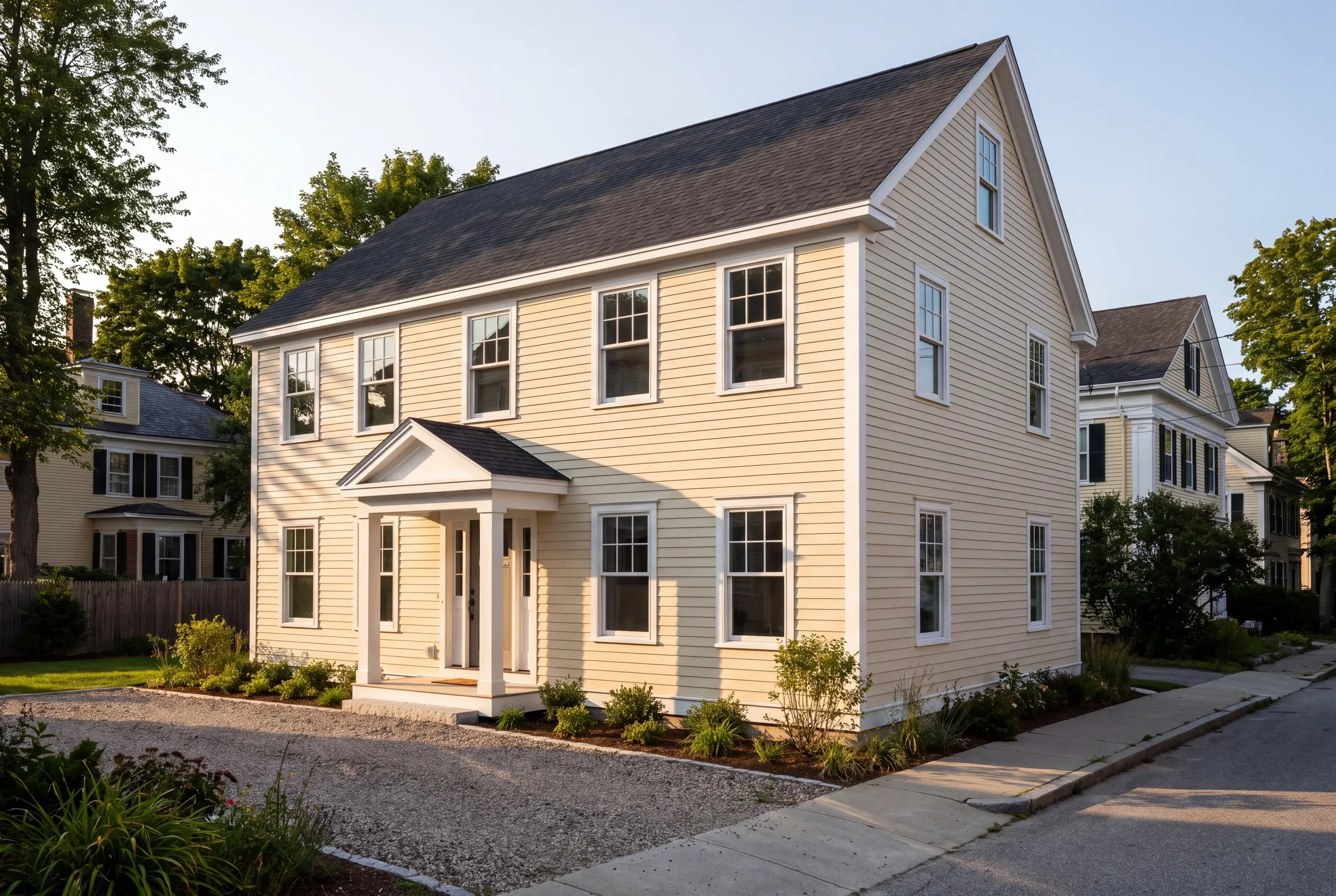 New home builder Bath Maine: cream two-story colonial with a pedimented entry on a sidewalk street beside older houses