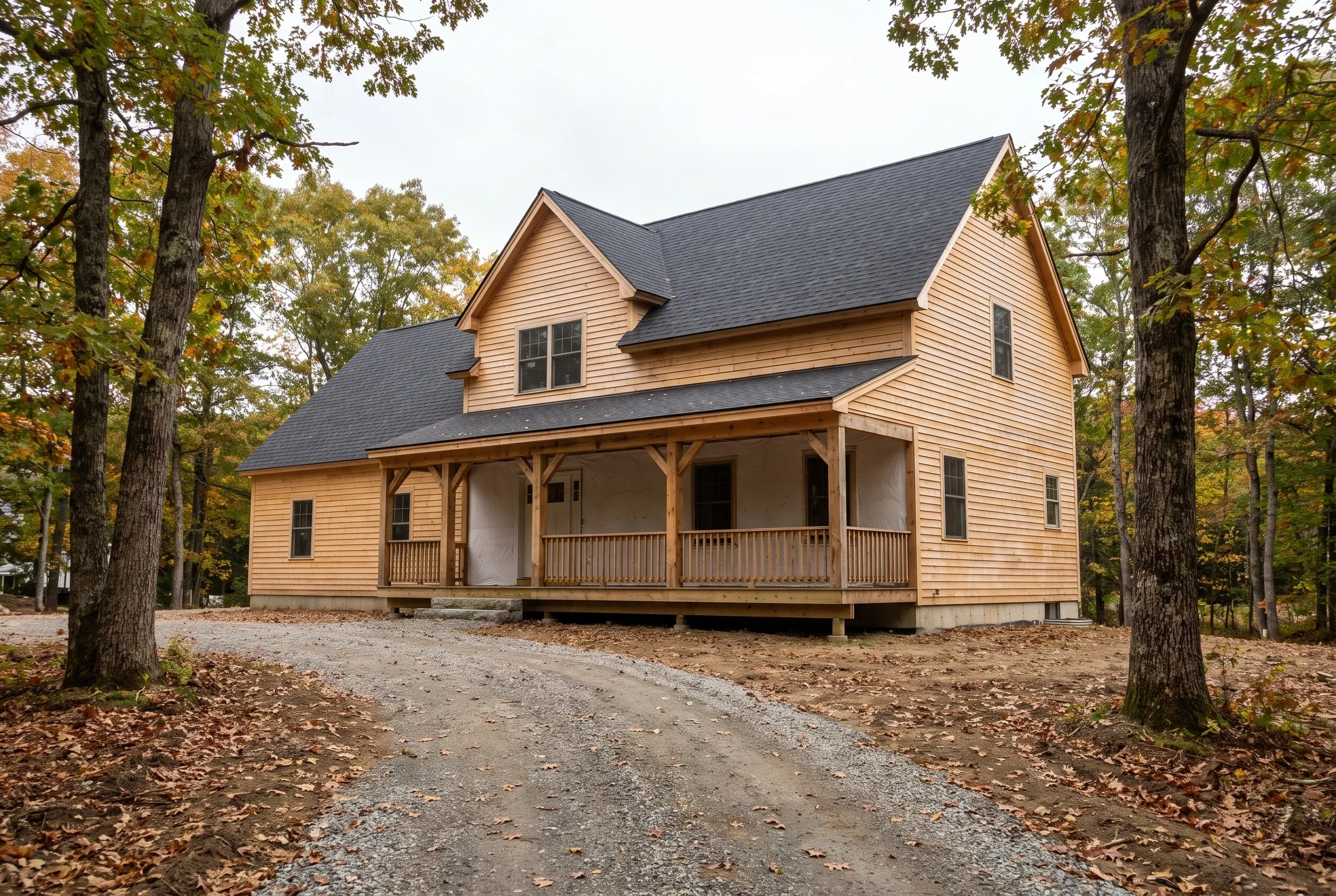 Residential home builder Bath Maine: new cedar-sided farmhouse with a timber porch, front wall still in house wrap, on a leafy gravel drive