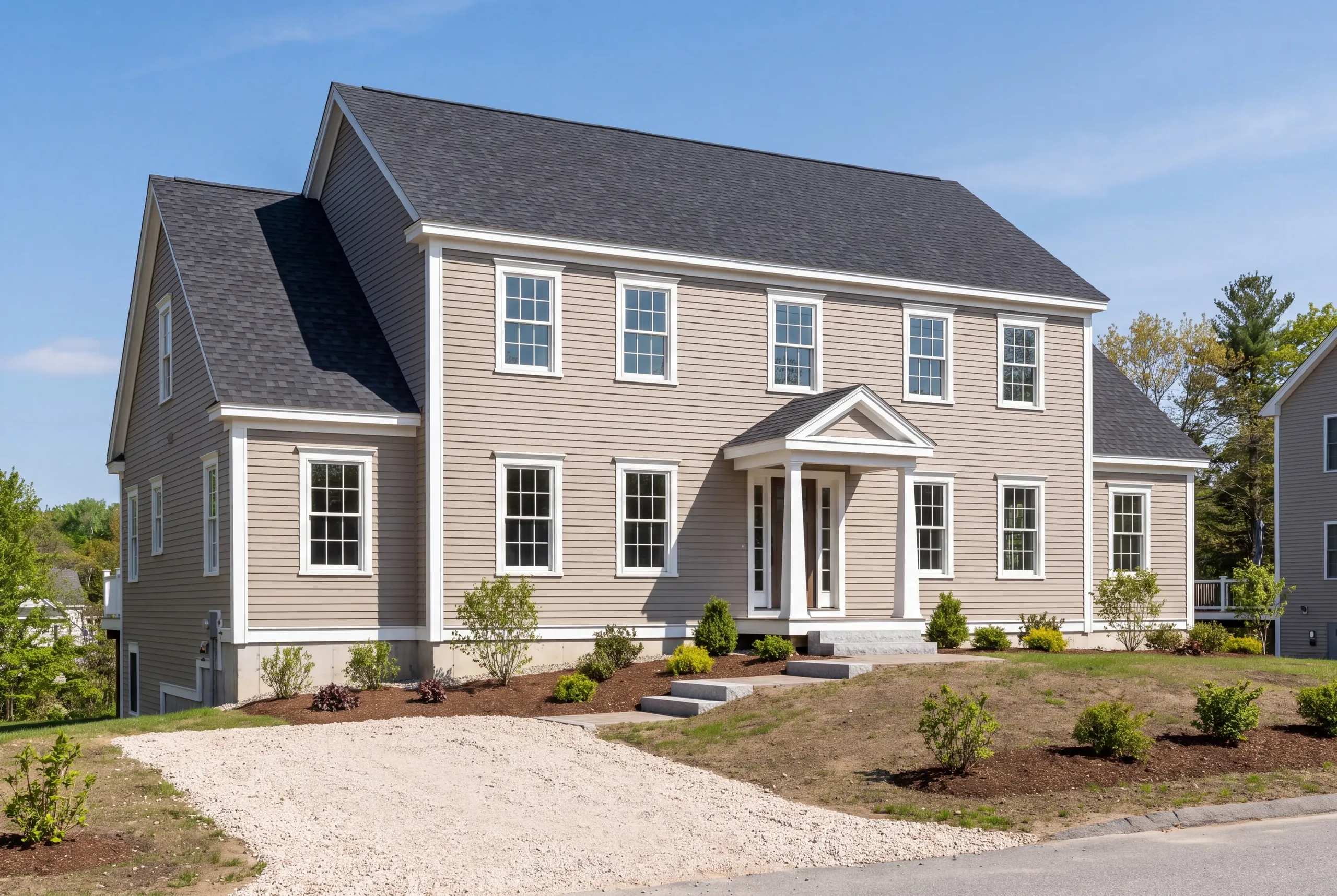Custom home builder in Belfast, ME: taupe two-story colonial with a side wing, pedimented portico and new plantings on a slope